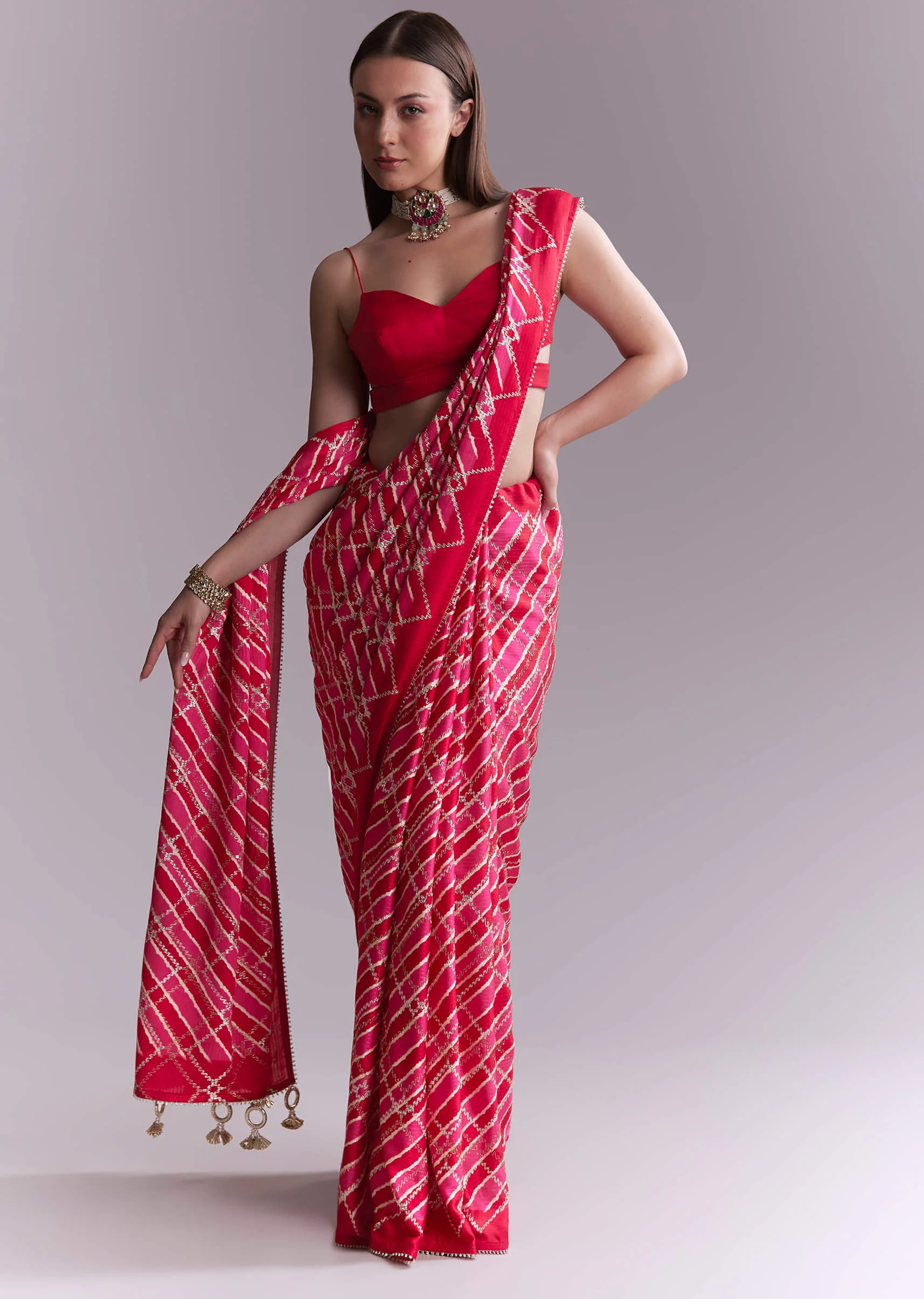 Hot Pink Satin Printed Saree With Criss Cross Stripes - Image 3
