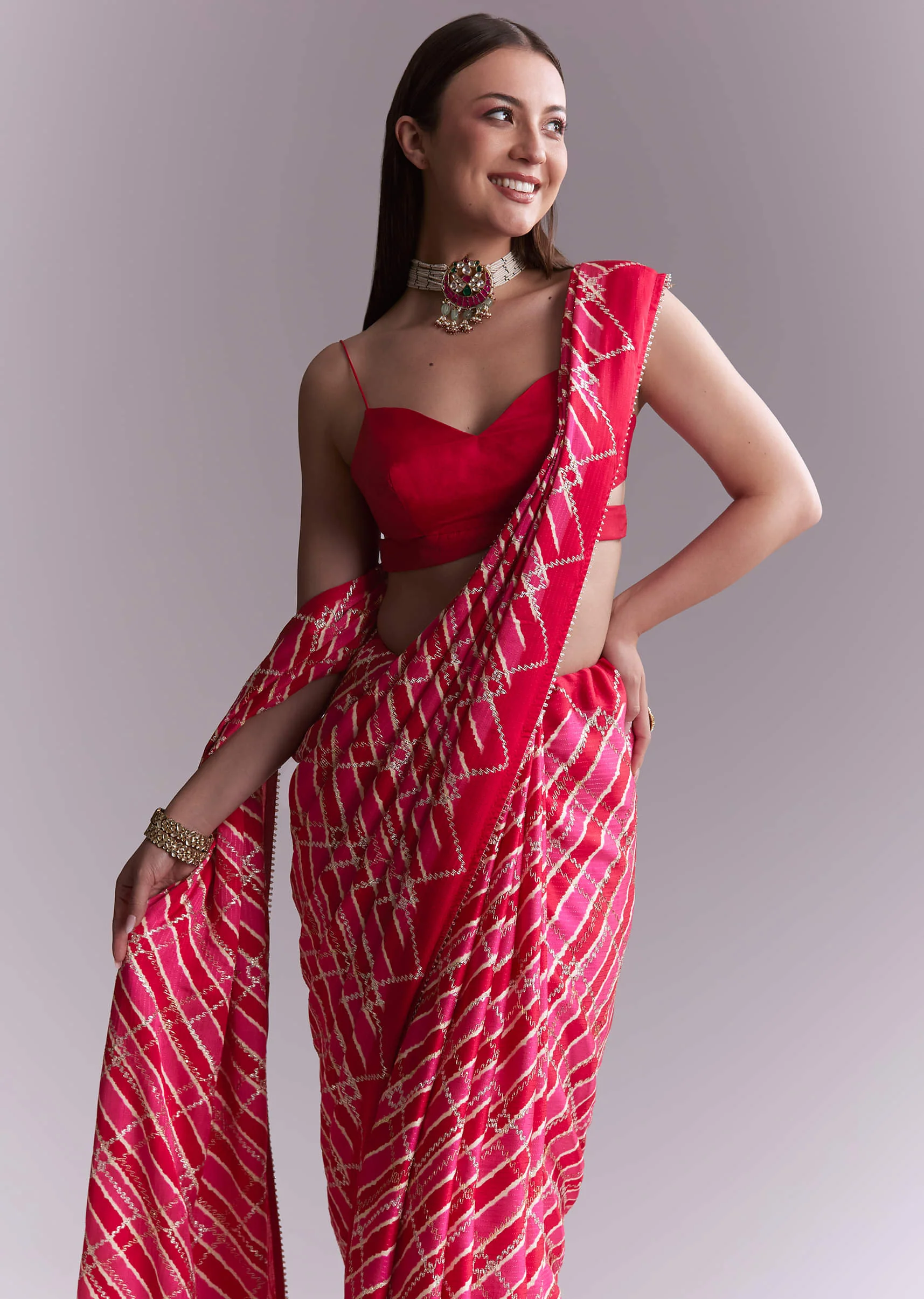 Hot Pink Satin Printed Saree With Criss Cross Stripes - Image 5