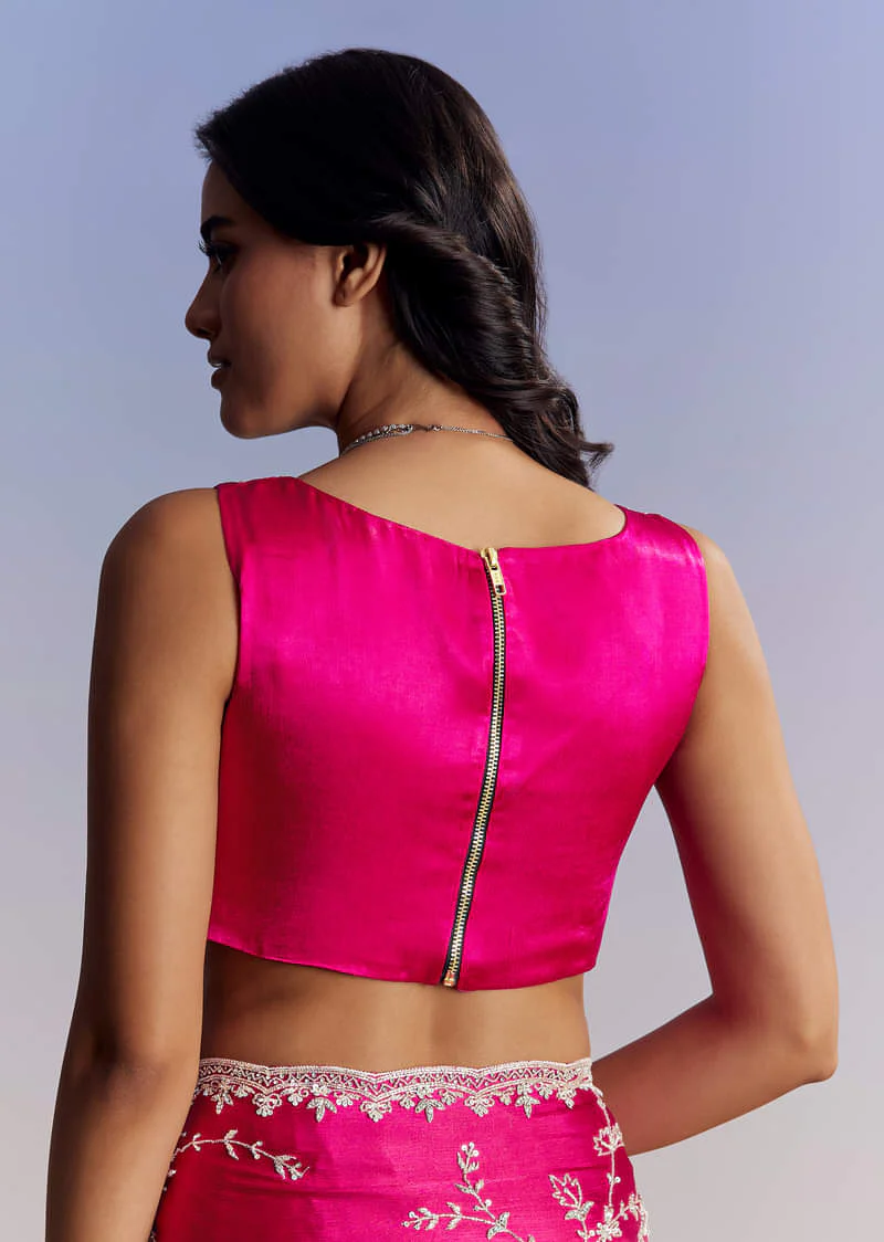 Hot Pink Satin Saree With All Over Jaal Embroidery In Cutdana And Sequins - Image 8