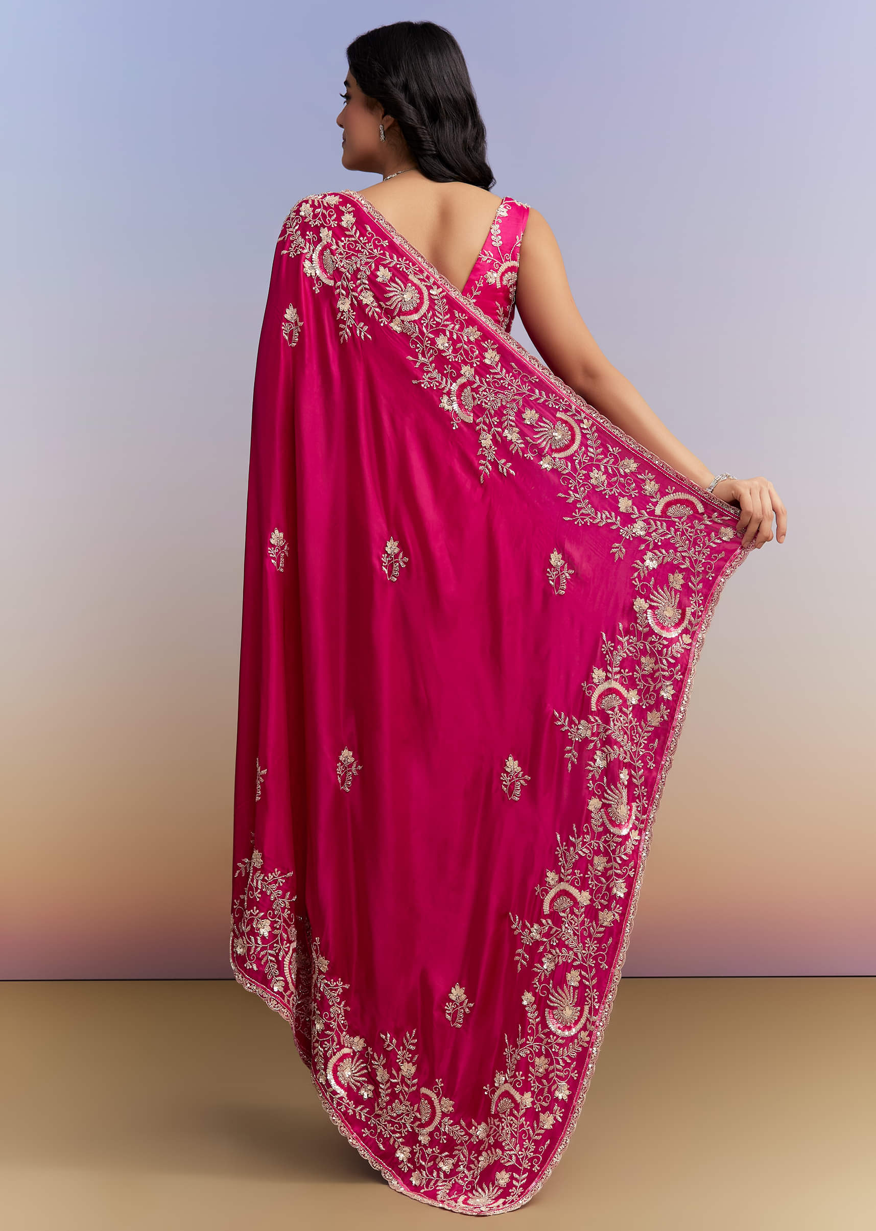 Hot Pink Satin Saree With Heavy Hand Work - Image 4