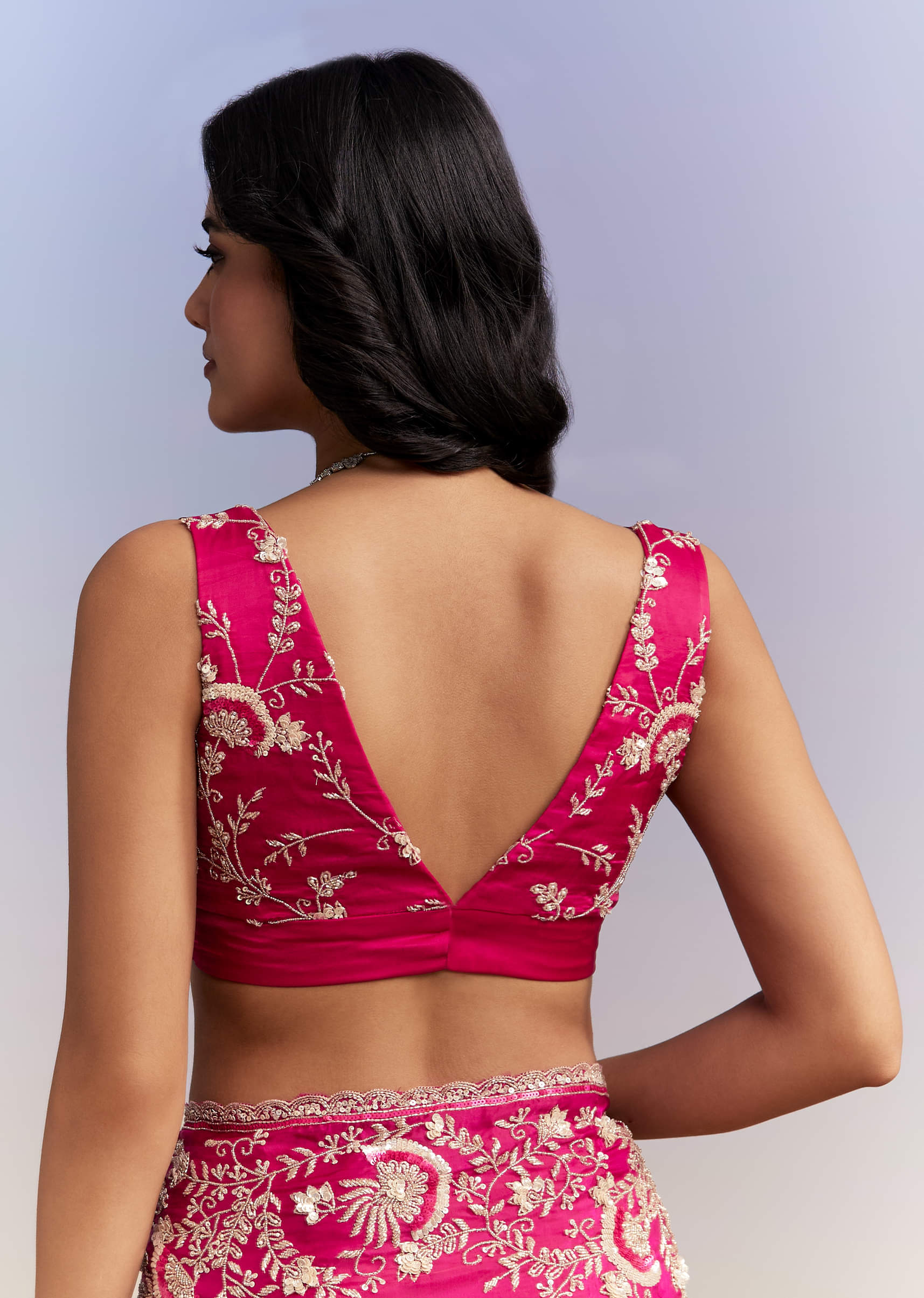 Hot Pink Satin Saree With Heavy Hand Work - Image 8