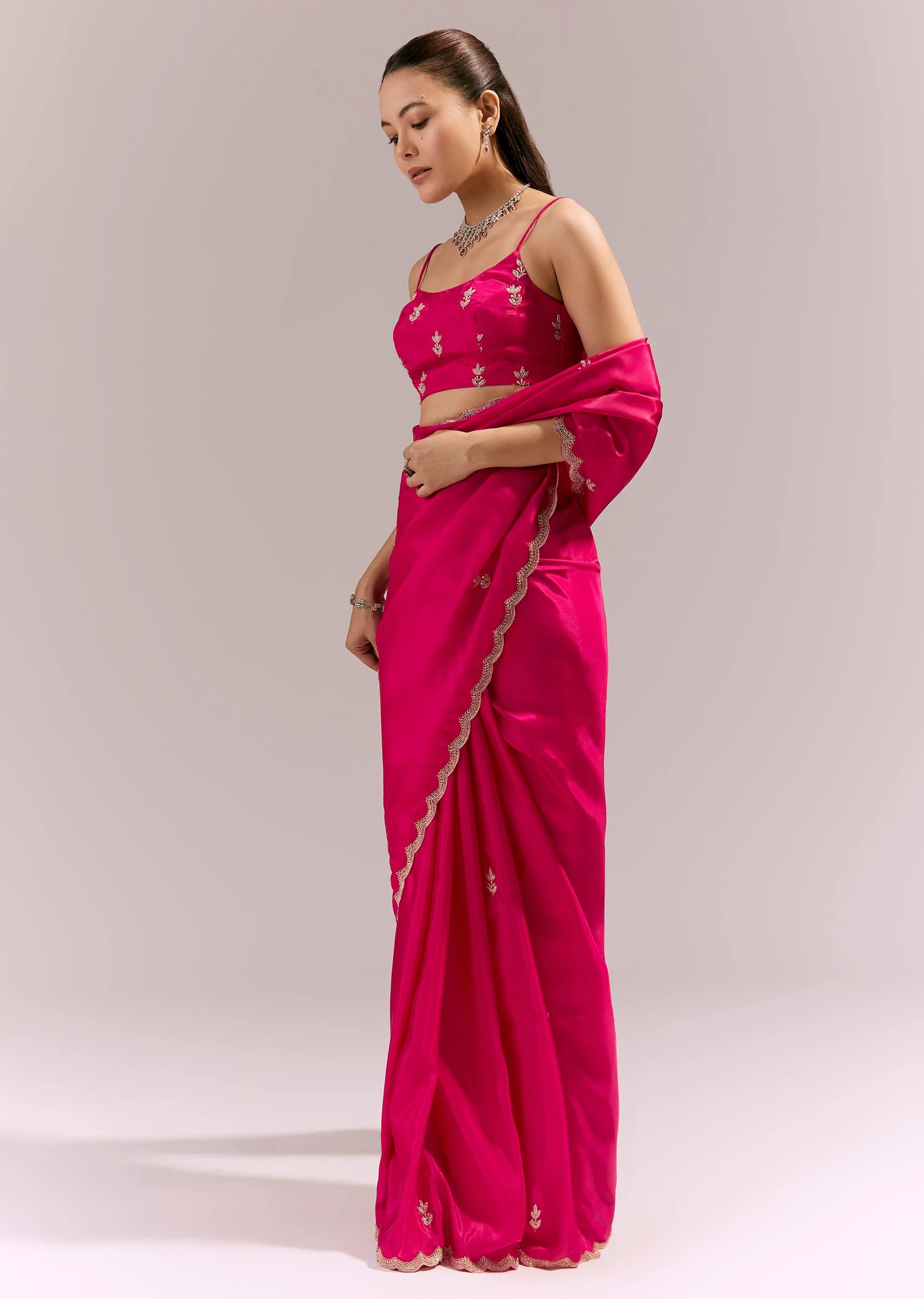 Hot Pink Satin Saree With Scalloped Embroidered Border And Butti