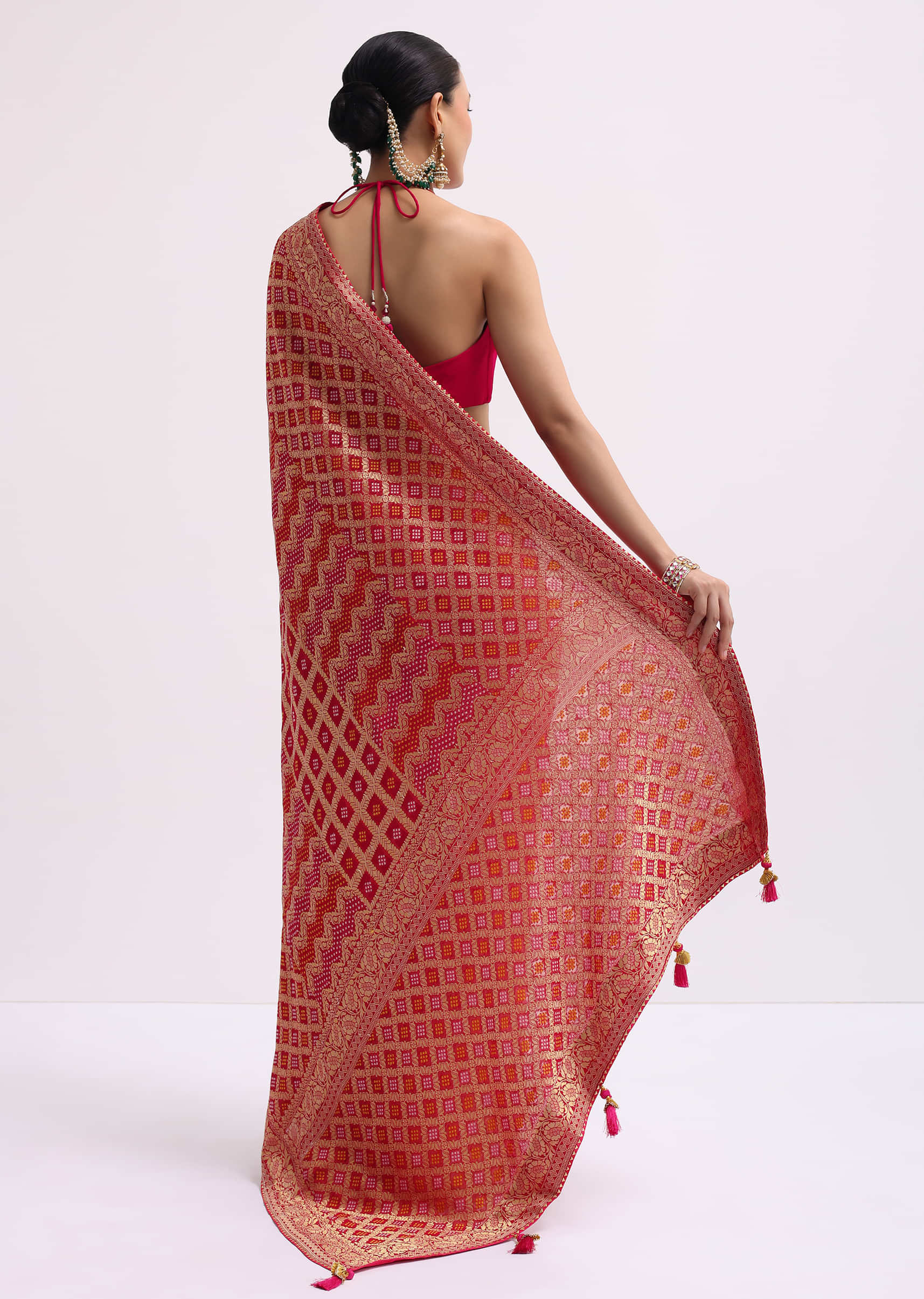 Hot Pink Woven Khadi Georgette Saree With Unstitched Blouse - Image 6