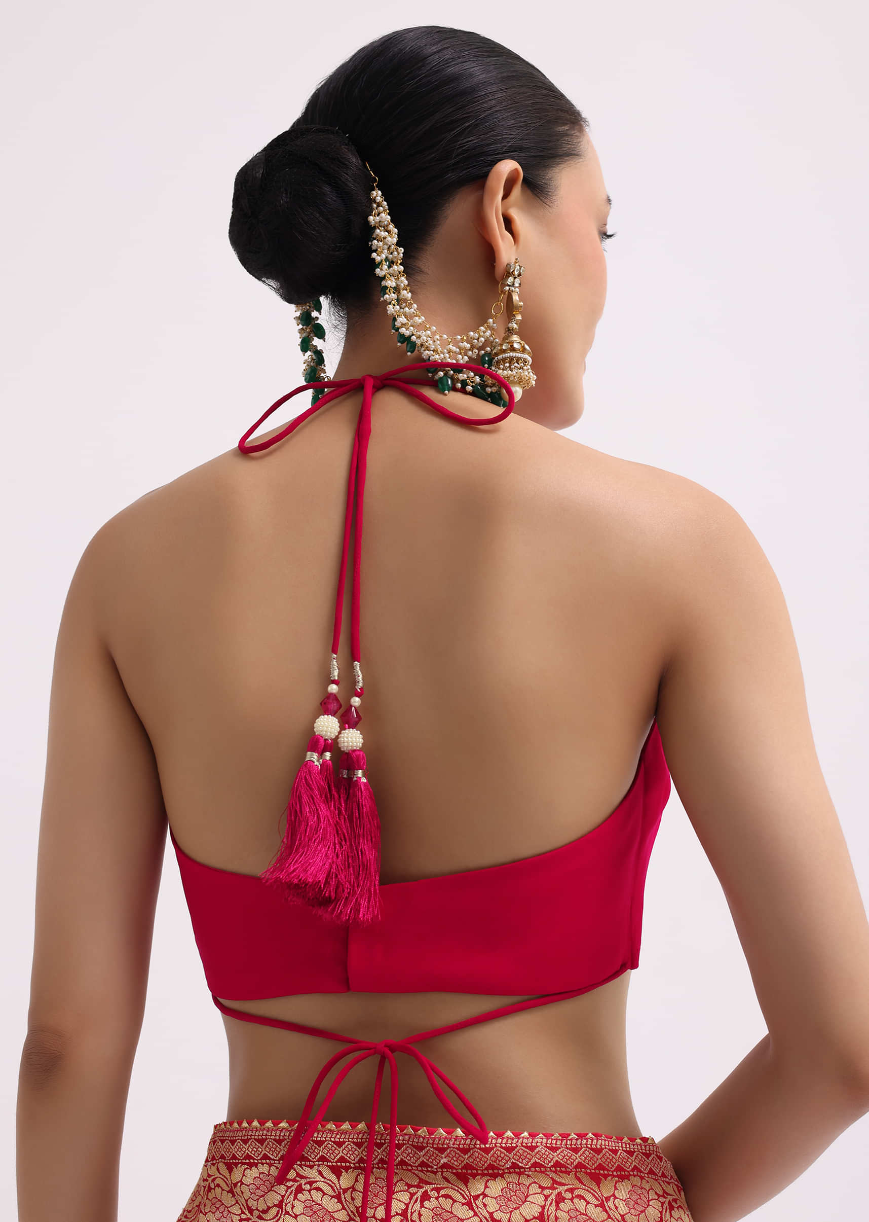 Hot Pink Woven Khadi Georgette Saree With Unstitched Blouse - Image 8