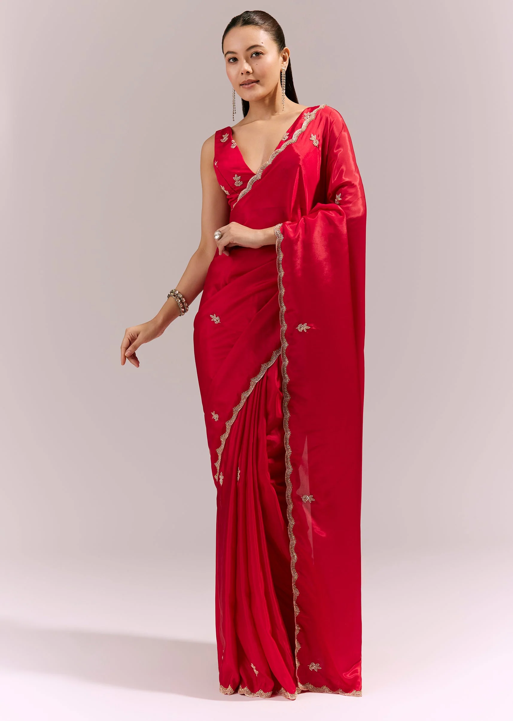 Hot Red Satin Saree With Scalloped Embroidered Border And Butti - Image 3