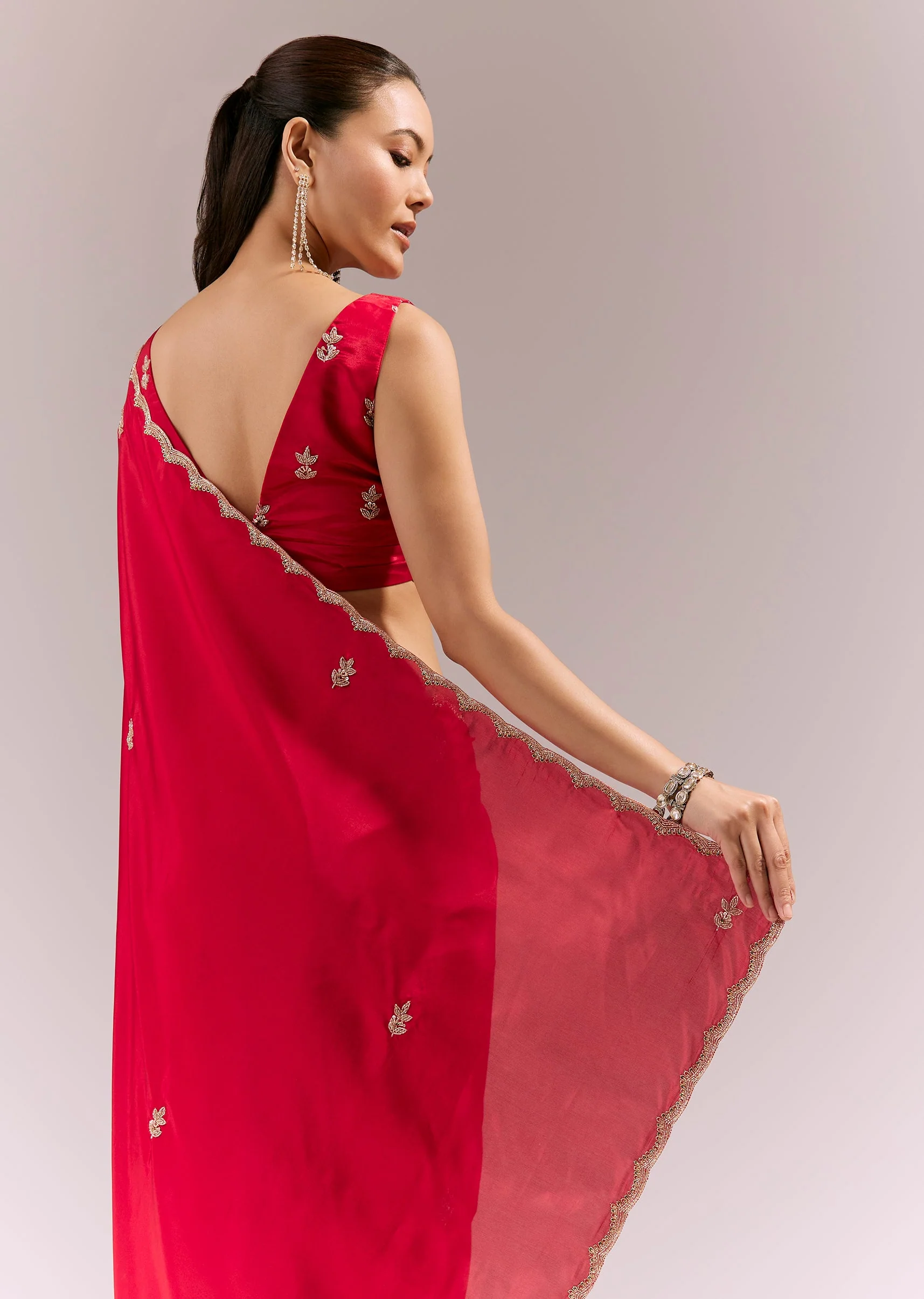 Hot Red Satin Saree With Scalloped Embroidered Border And Butti - Image 6