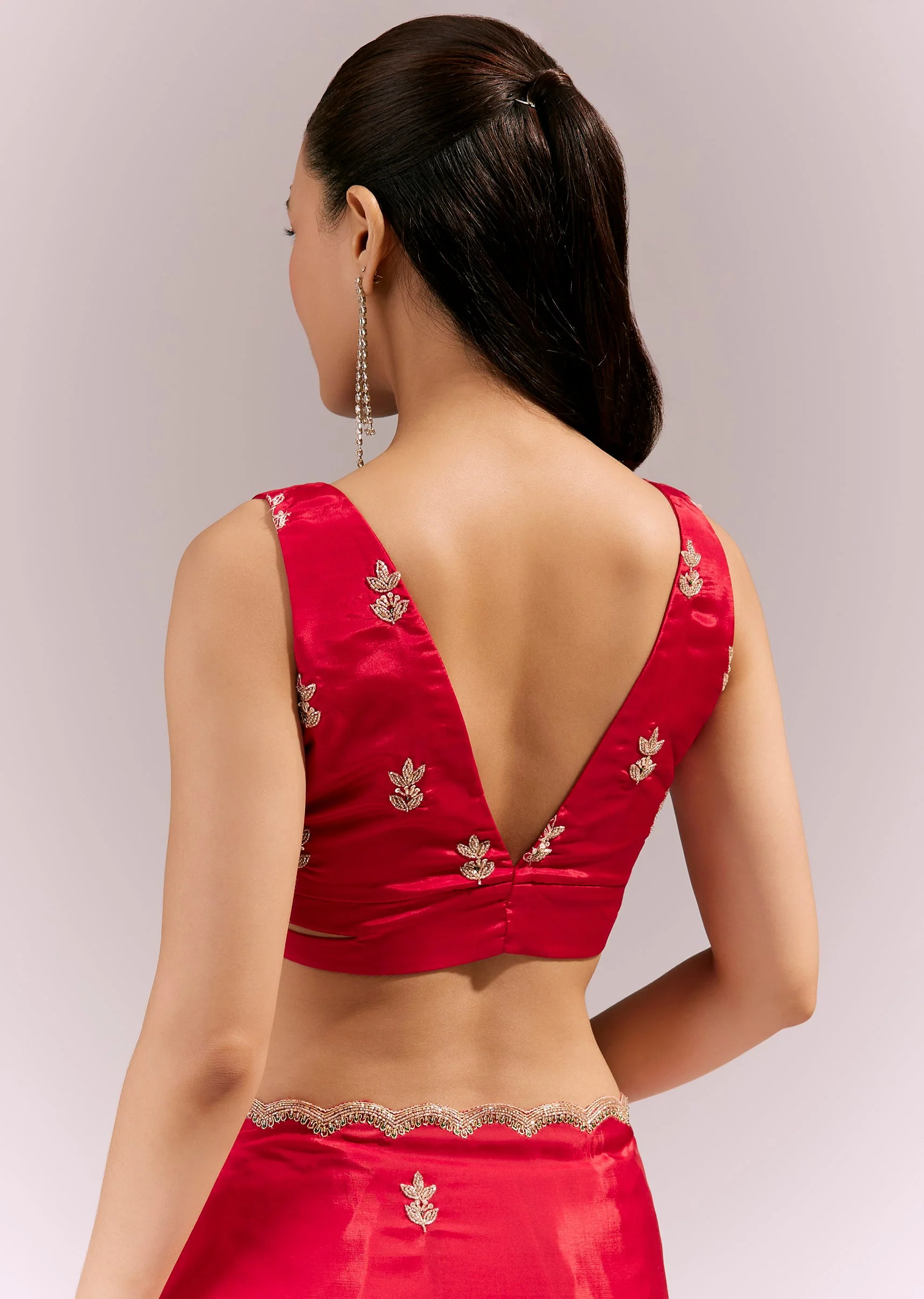 Hot Red Satin Saree With Scalloped Embroidered Border And Butti - Image 8