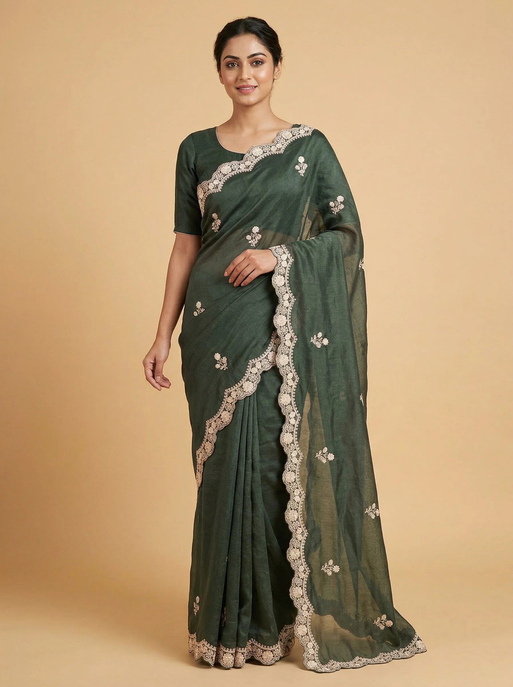 Hunter Dark Green Embroidered Saree