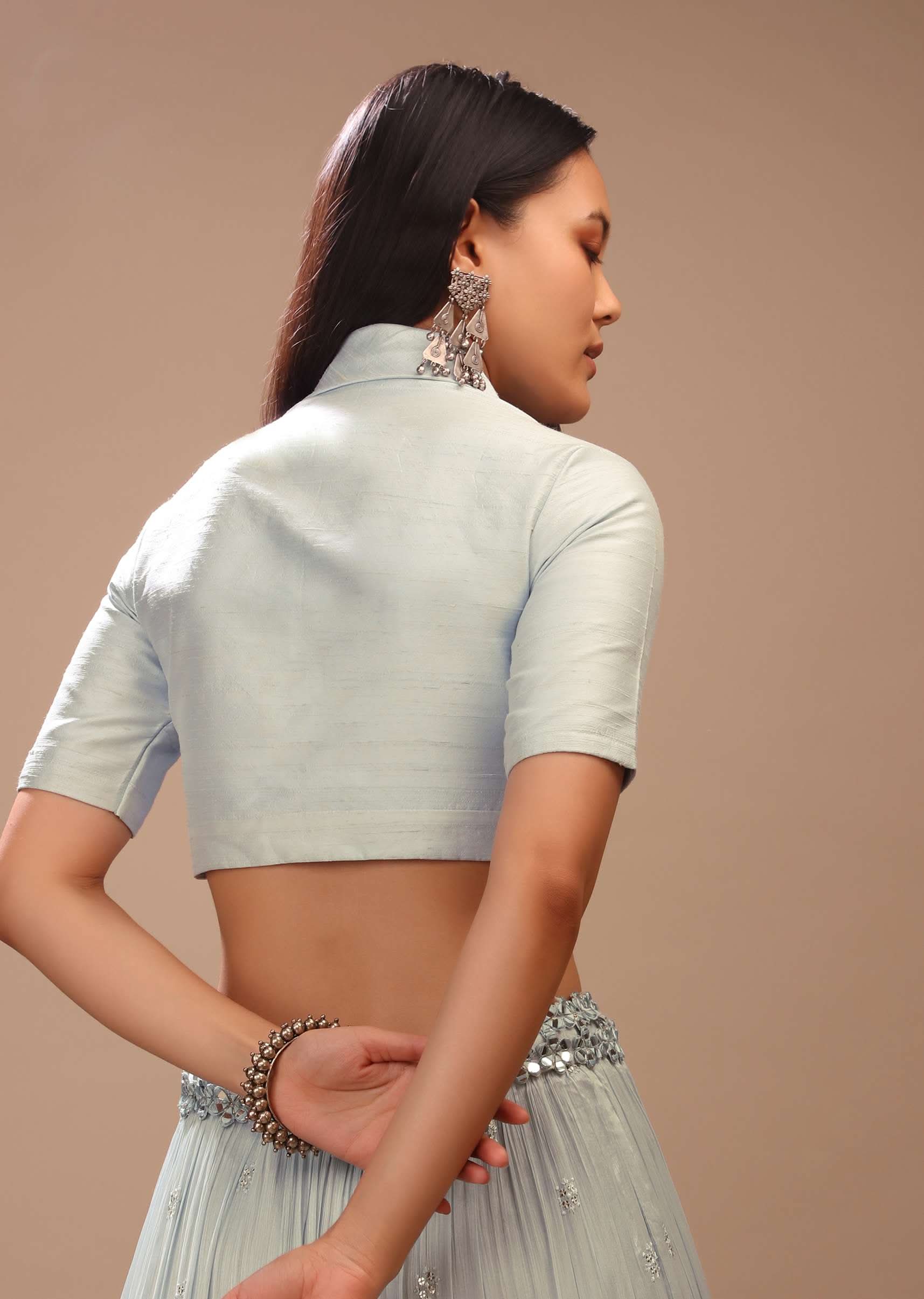 Ice Blue Blouse In Raw Silk With Collar Neckline, Front Hook Closure And Half Sleeves - Image 5
