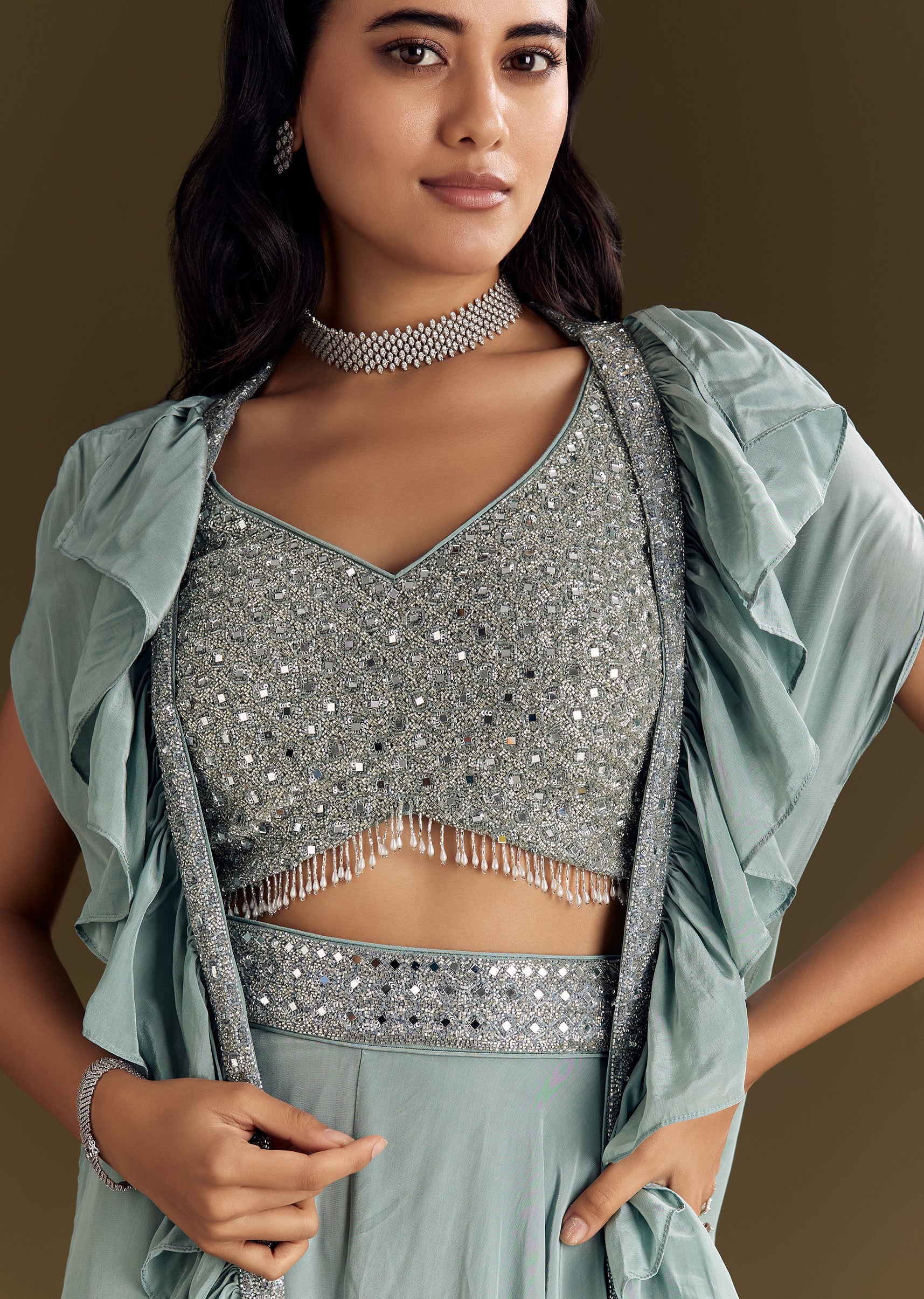 Ice Blue Crepe Croptop And Palazzo Set With Ruffled Jacket - Image 3