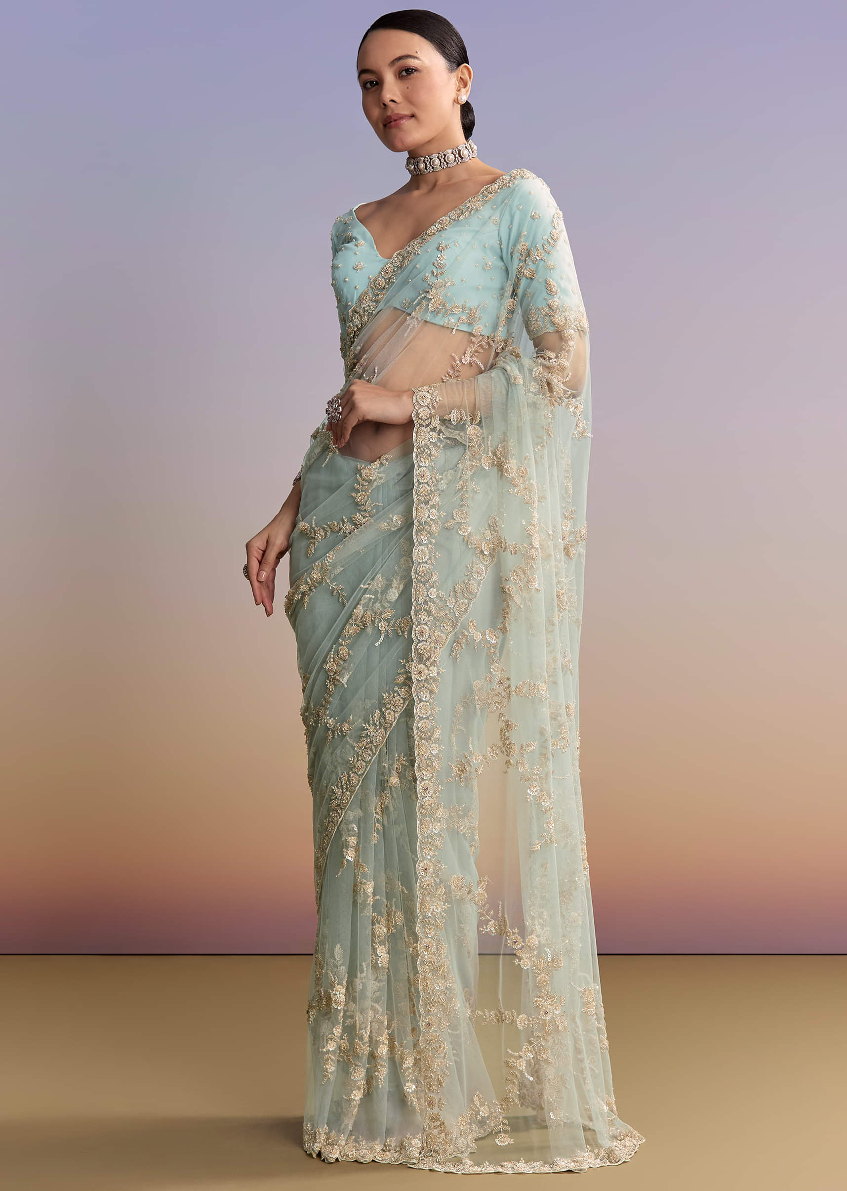 Ice Blue Net Embroidered Saree With Cutdana And Bead Work - Image 3