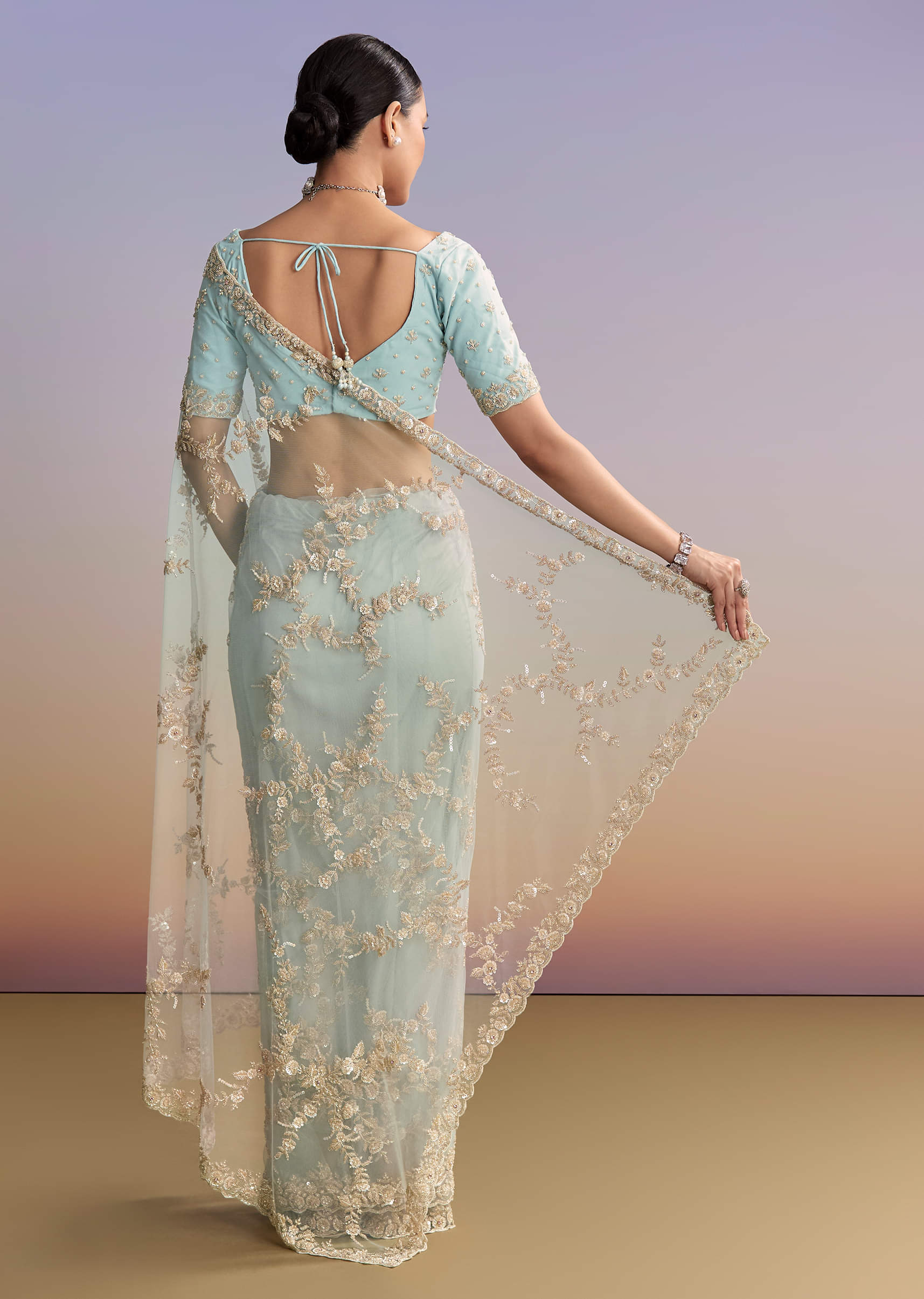Ice Blue Net Embroidered Saree With Cutdana And Bead Work - Image 4