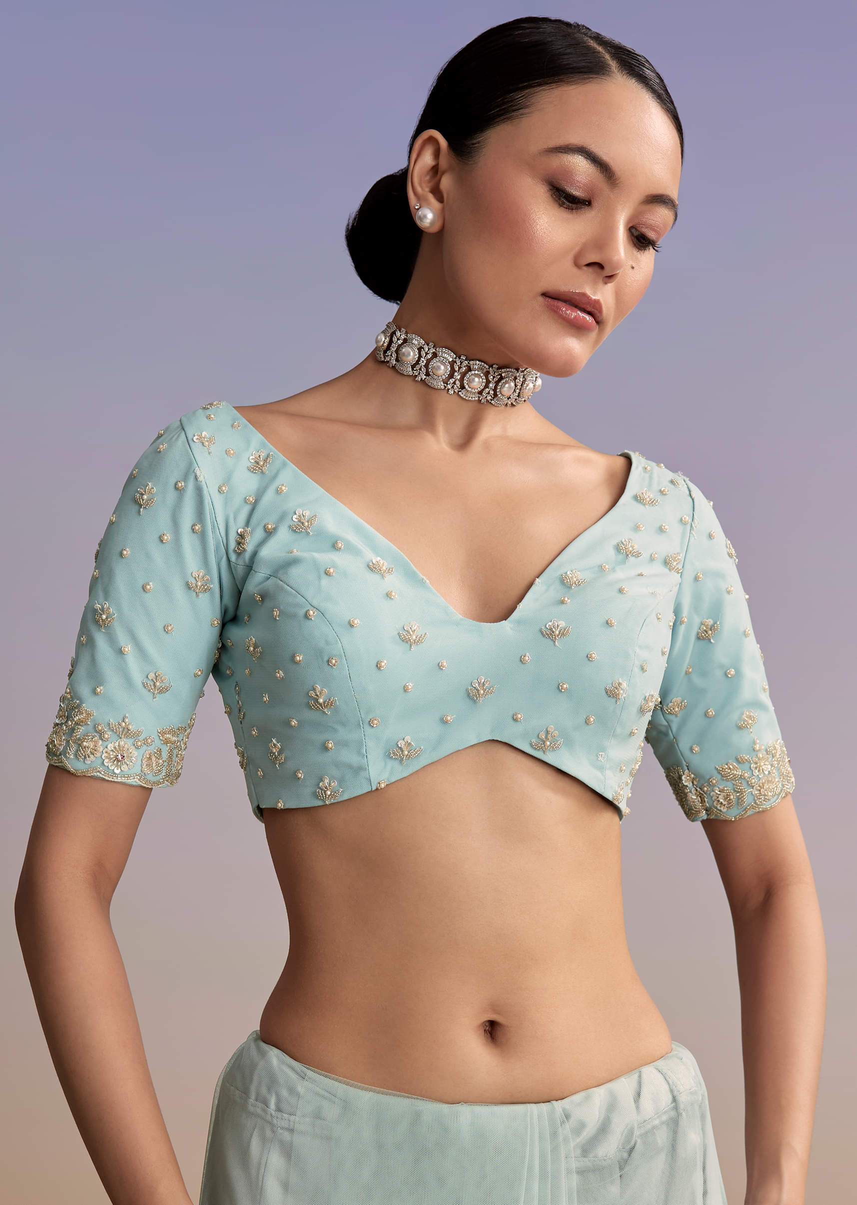 Ice Blue Net Embroidered Saree With Cutdana And Bead Work - Image 7