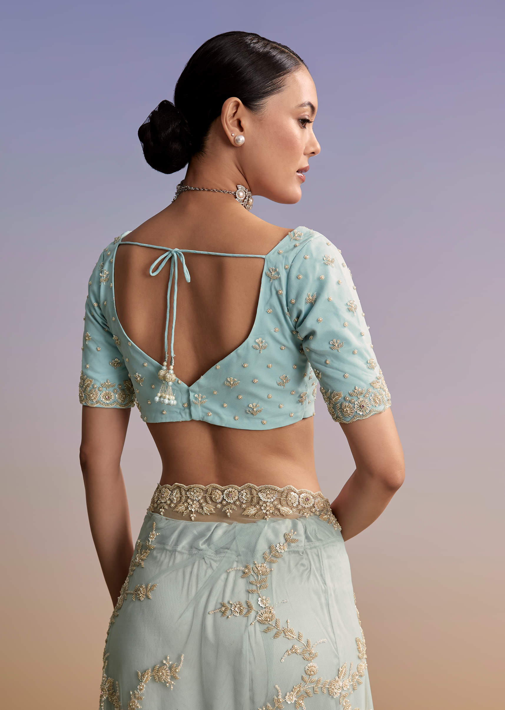 Ice Blue Net Embroidered Saree With Cutdana And Bead Work - Image 8