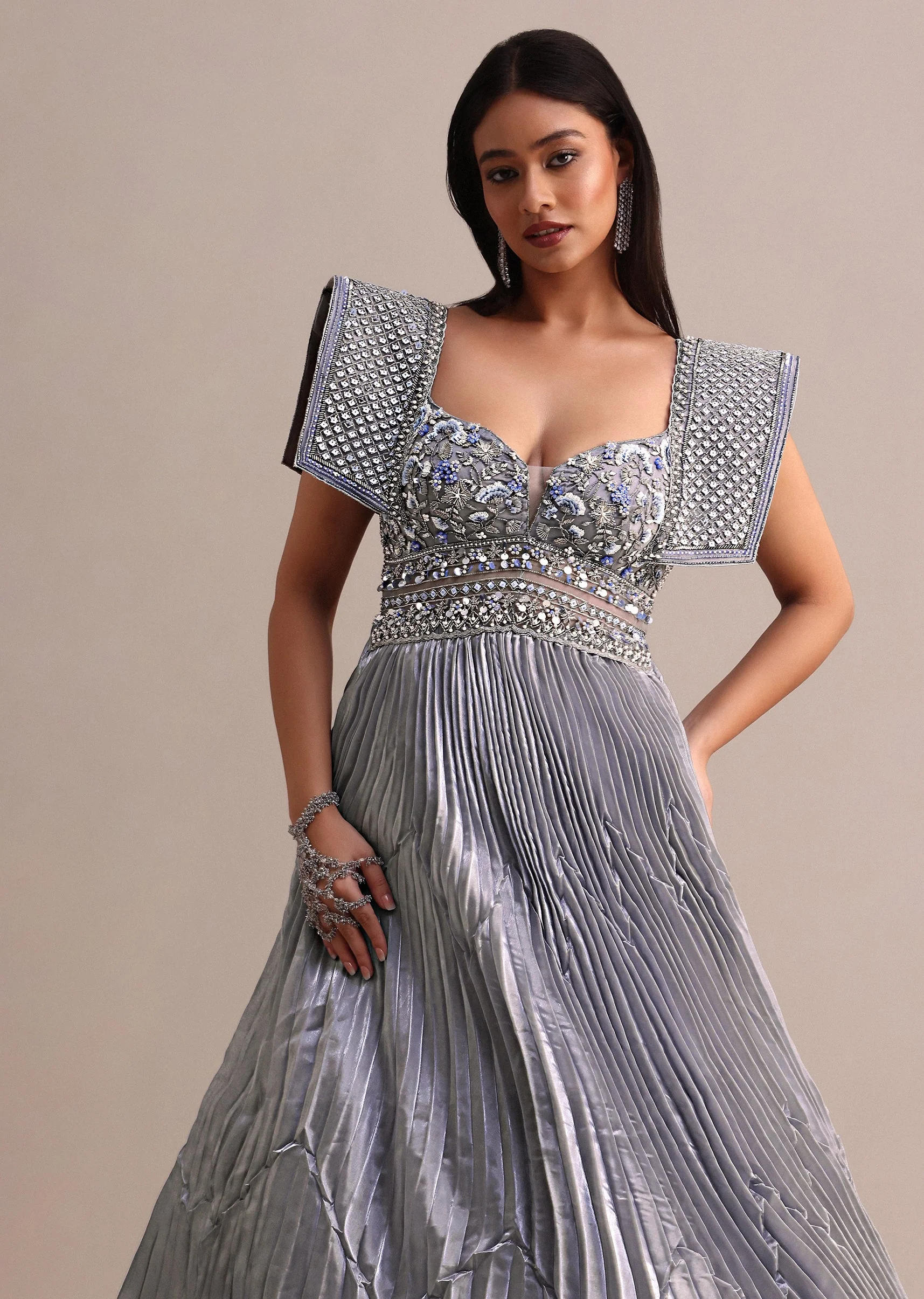 Ice Blue Organza Double Layered Circular Pleated Gown With Fancy Sleeves - Image 4