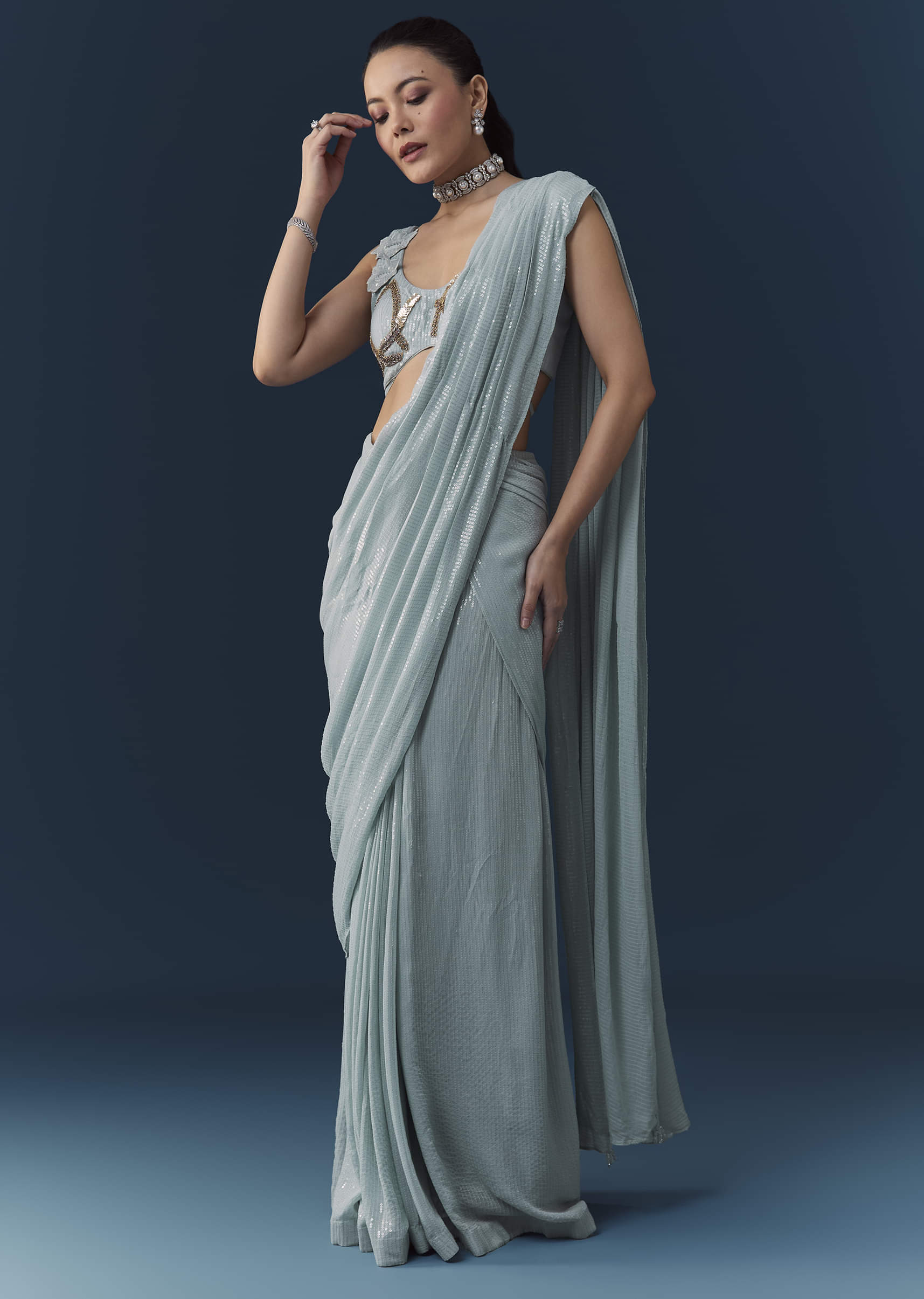 Ice Blue Pre Pleated Saree with Sequin Embellished Blouse - Image 3