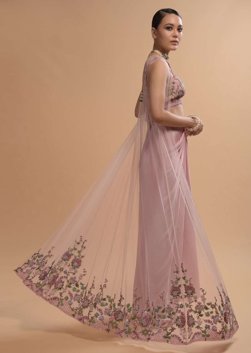 Icy Pink Draped Skirt And Crop Top Set With Long Jacket And 3D Flower Embroidery - Image 3