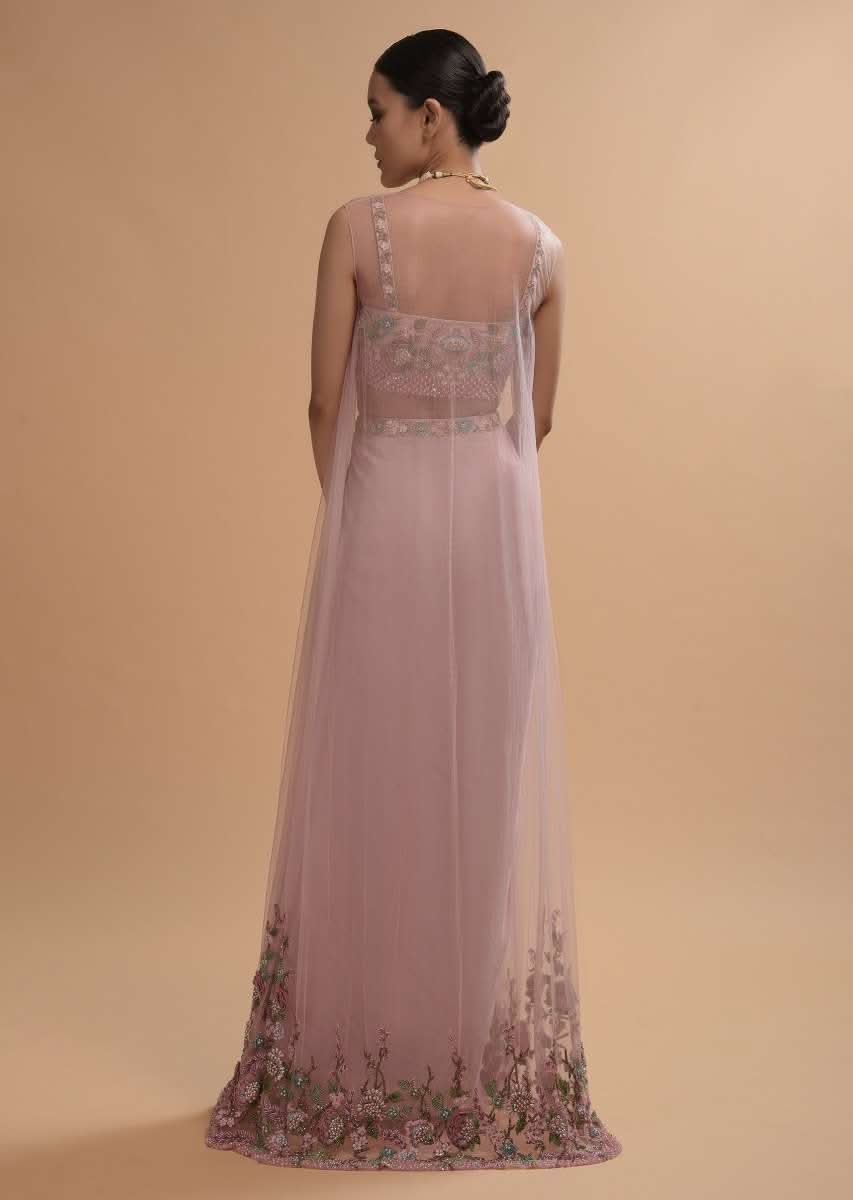 Icy Pink Draped Skirt And Crop Top Set With Long Jacket And 3D Flower Embroidery - Image 6