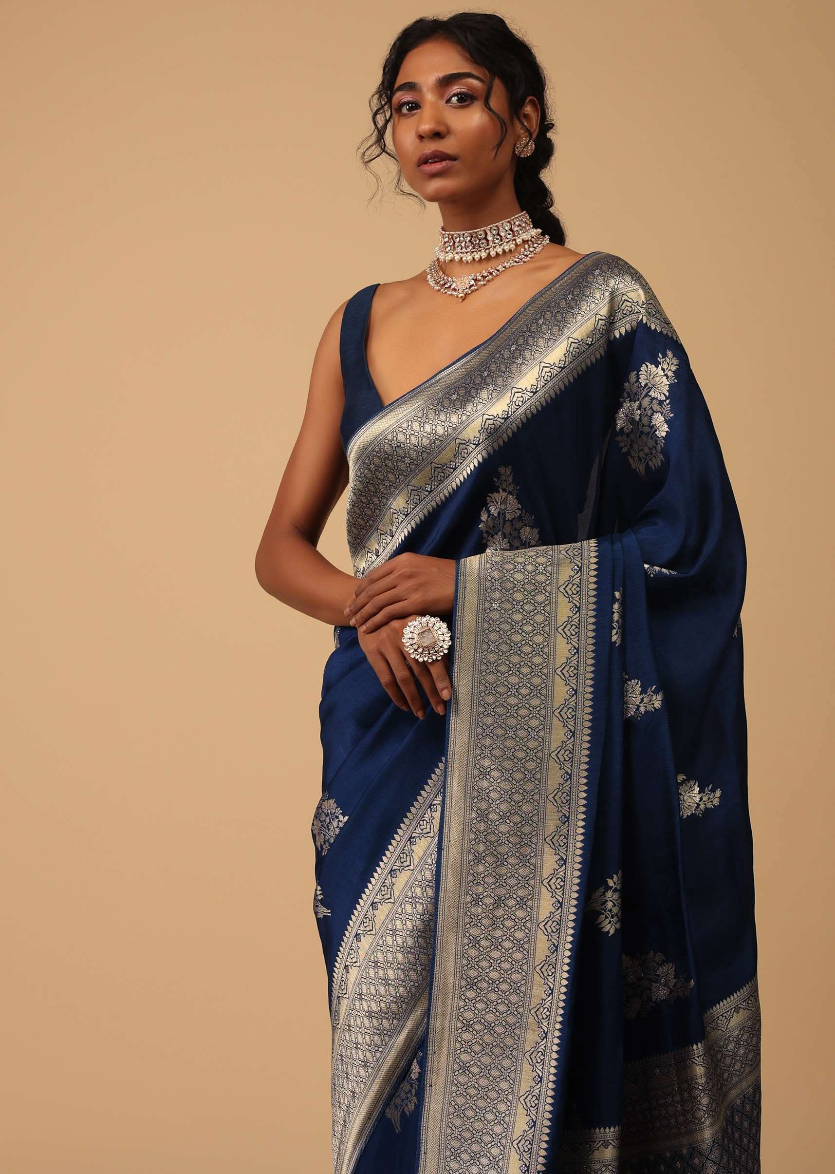 Indigo Blue Saree In Dola Silk With Embroidered Floral Buttas - Image 2