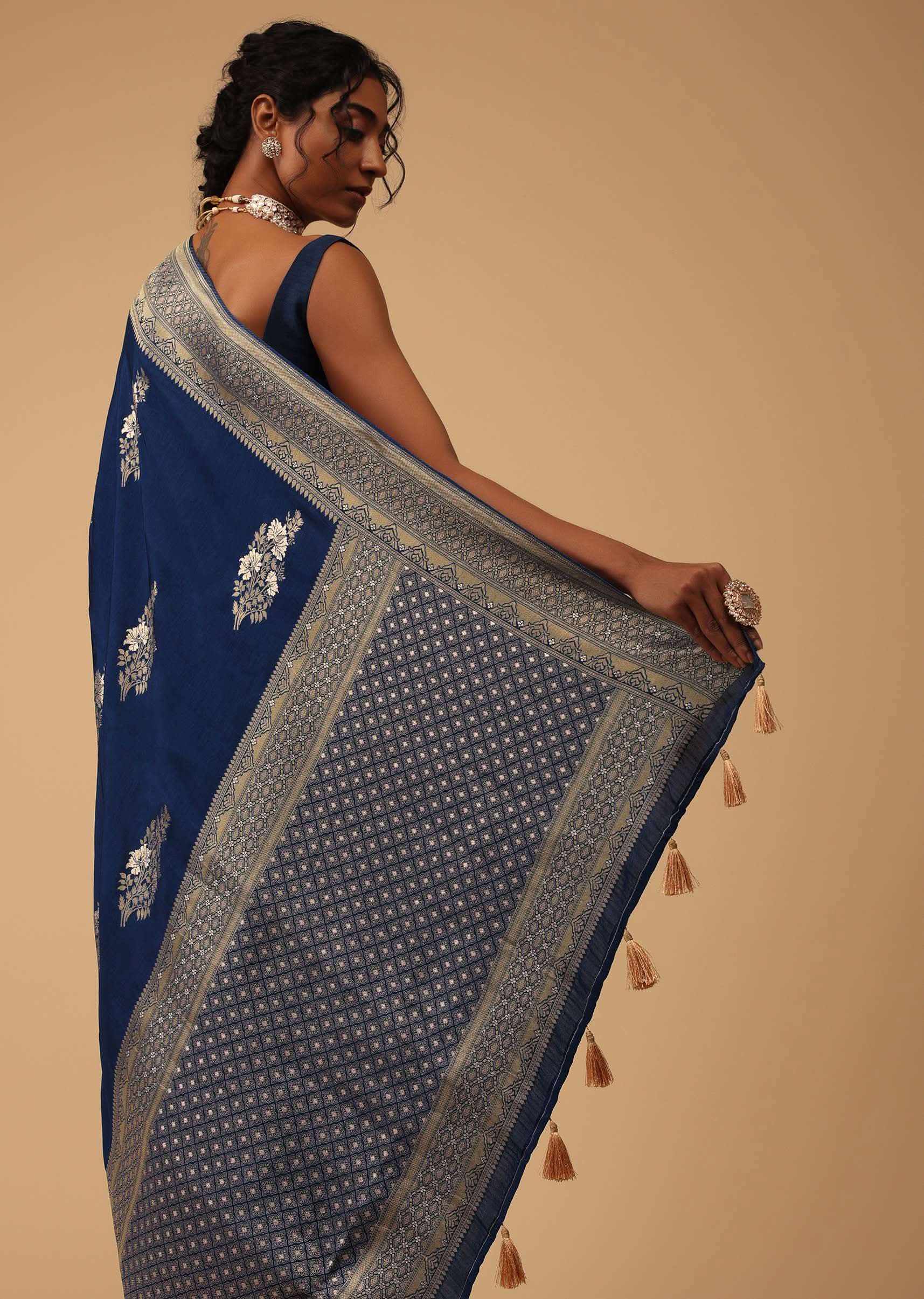 Indigo Blue Saree In Dola Silk With Embroidered Floral Buttas - Image 3
