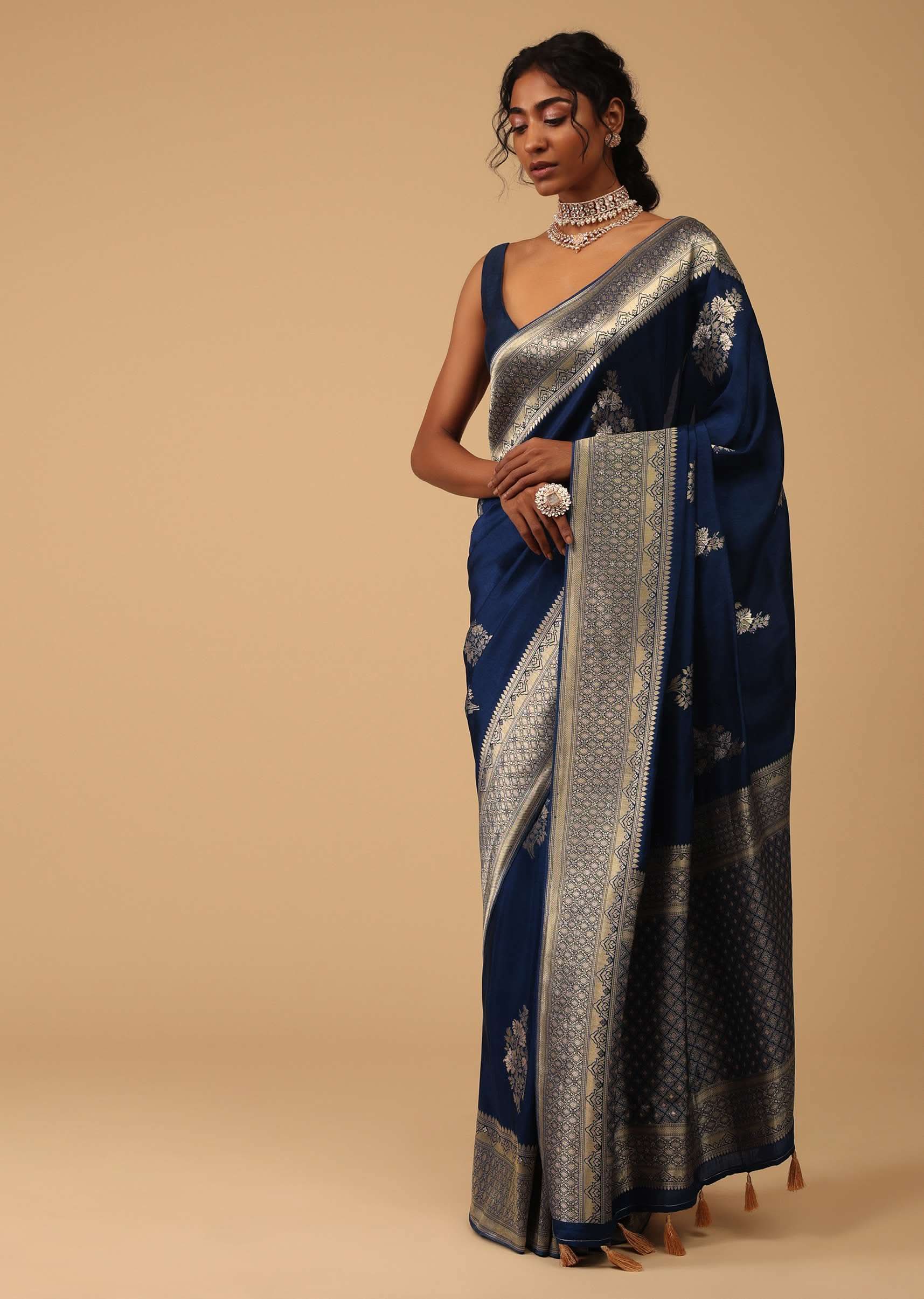 Indigo Blue Saree In Dola Silk With Embroidered Floral Buttas - Image 4