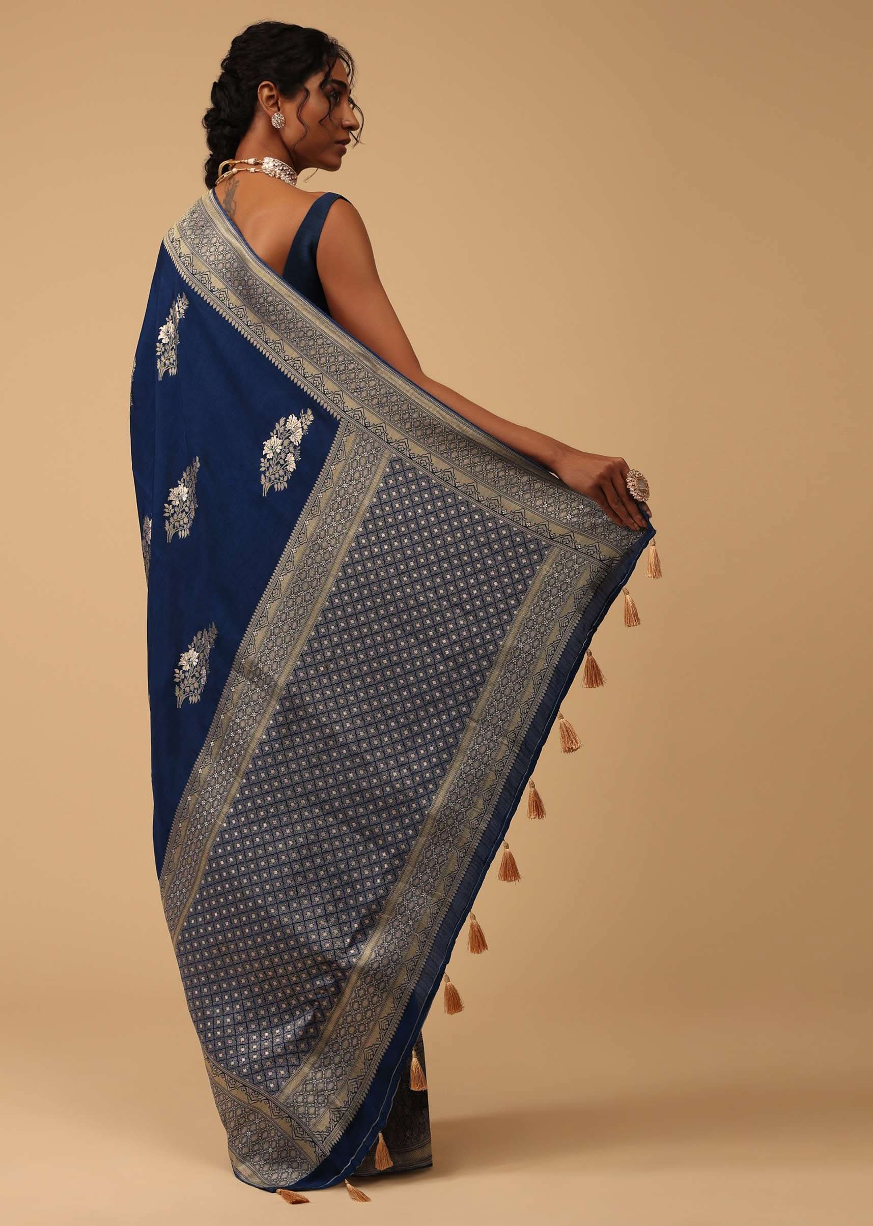 Indigo Blue Saree In Dola Silk With Embroidered Floral Buttas - Image 5