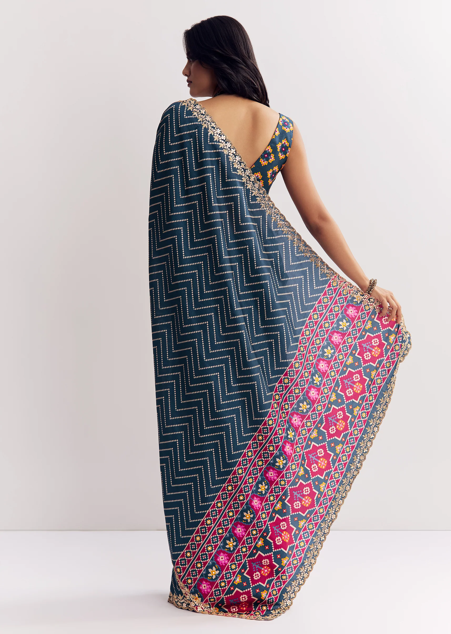 Indigo Heritage Couple Set – Navy Blue Ajrakh Saree For Her And Indigo Ajrakh Kurta Set For Him - Image 4
