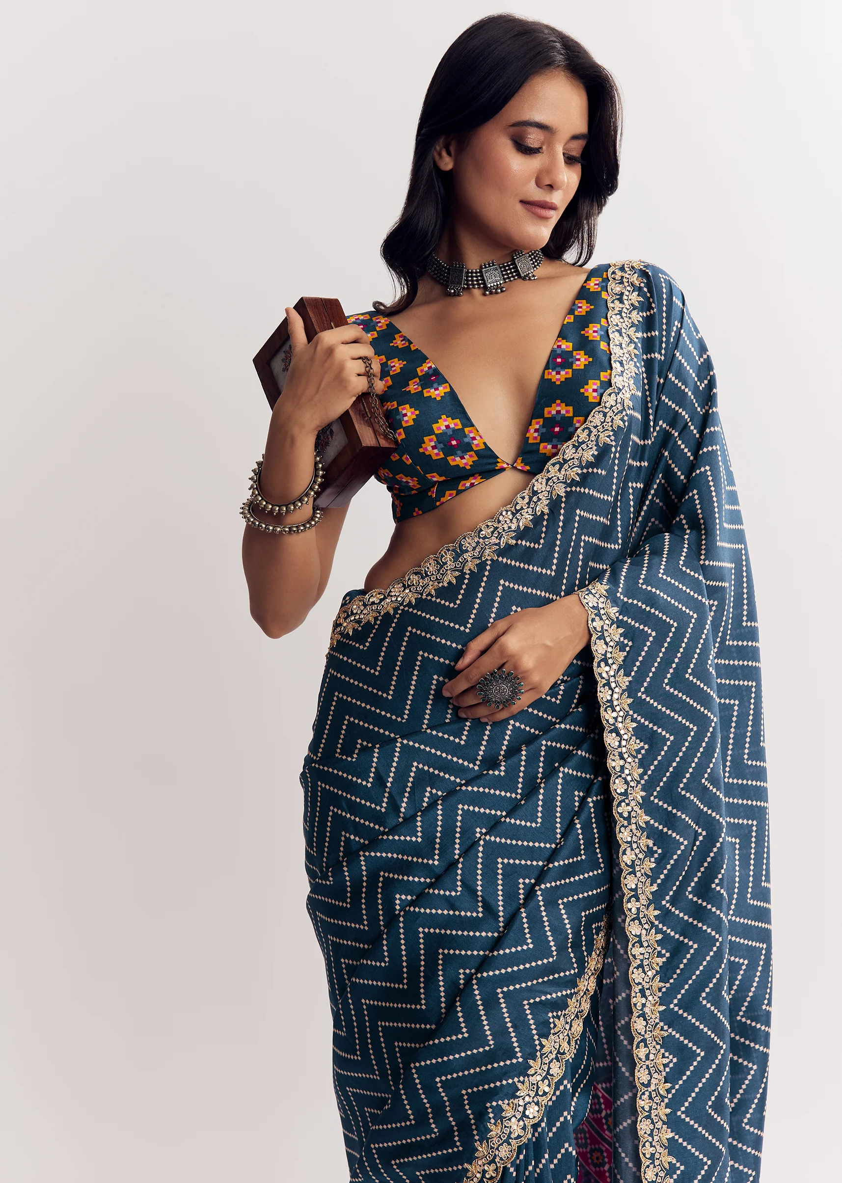 Indigo Heritage Couple Set – Navy Blue Ajrakh Saree For Her And Indigo Ajrakh Kurta Set For Him - Image 5