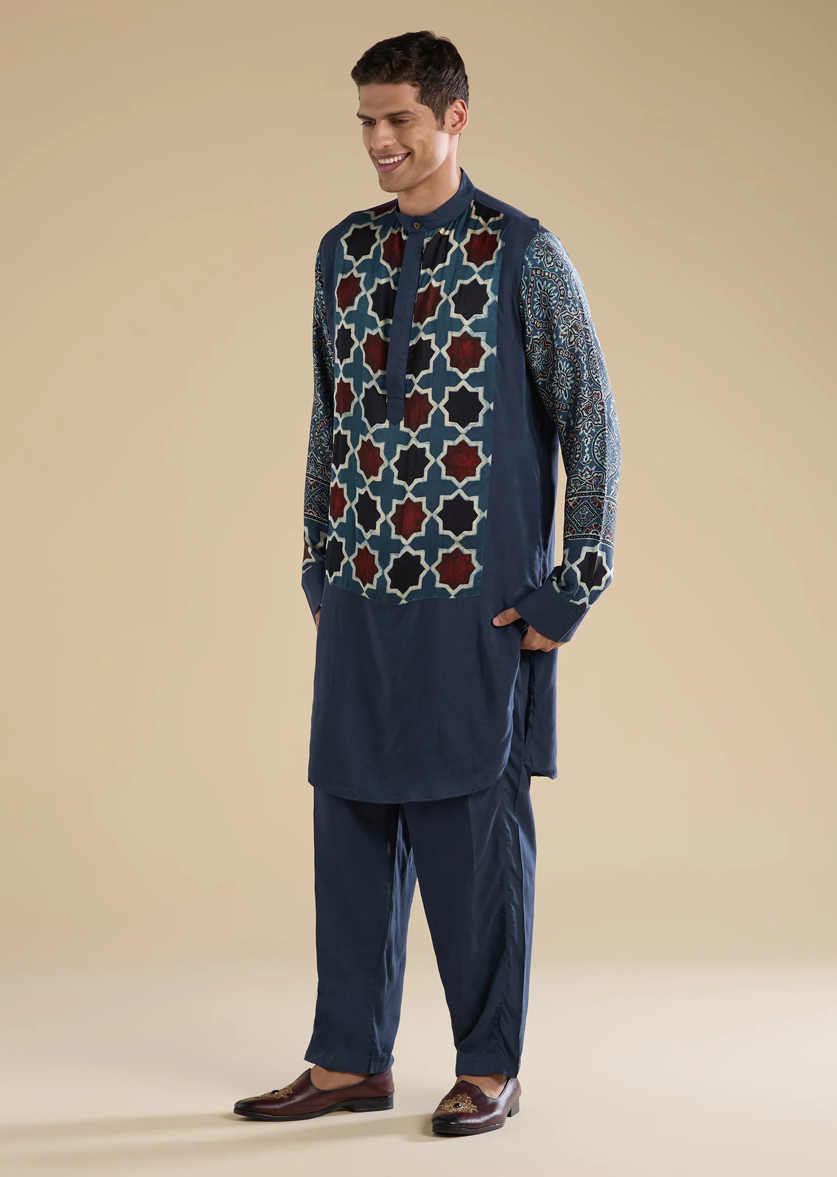 Indigo Heritage Couple Set – Navy Blue Ajrakh Saree For Her And Indigo Ajrakh Kurta Set For Him - Image 9