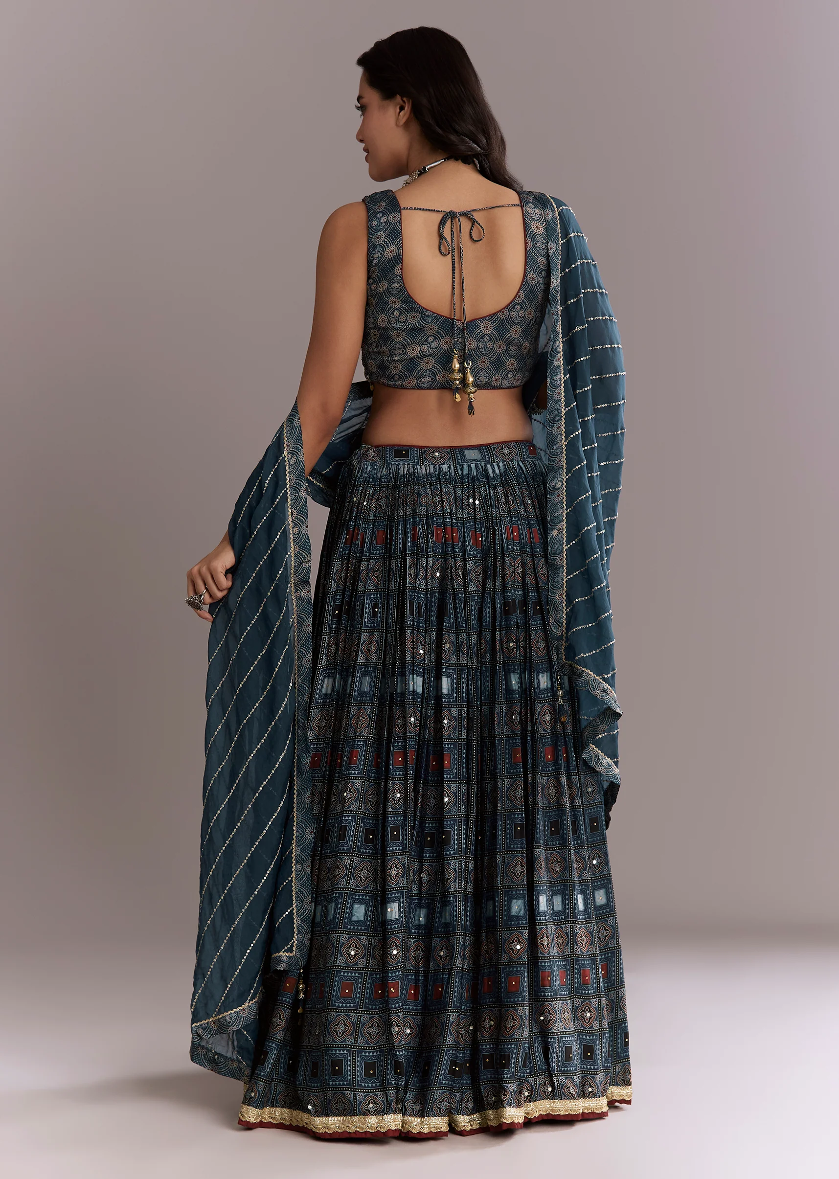 Indigo Modal Bridesmaid Lehenga With Hand Dyed Ajrakh Print - Image 5