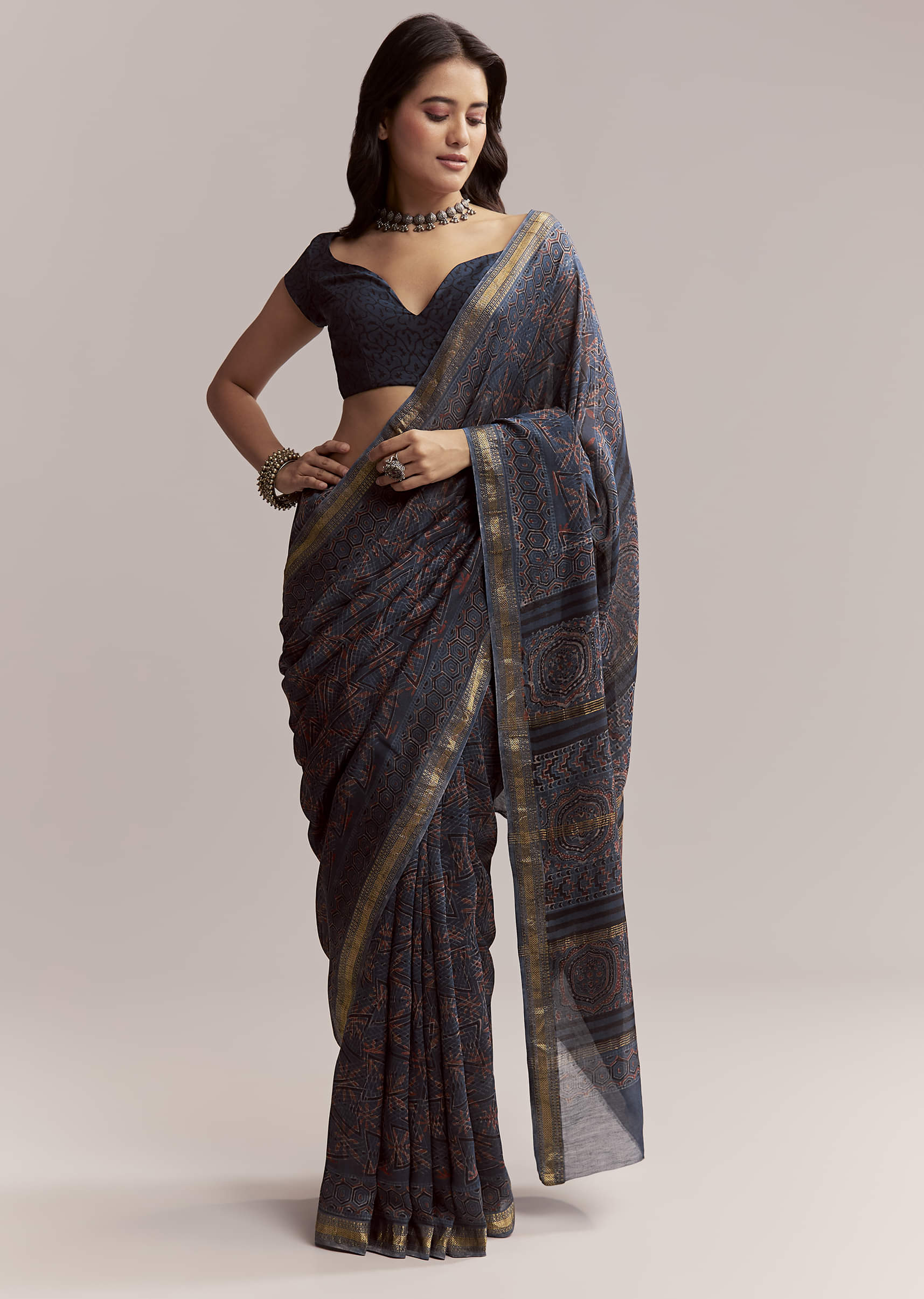 Ink Blue Linen Printed Saree With Hand Block Ajrakh Leaf Print - Image 3