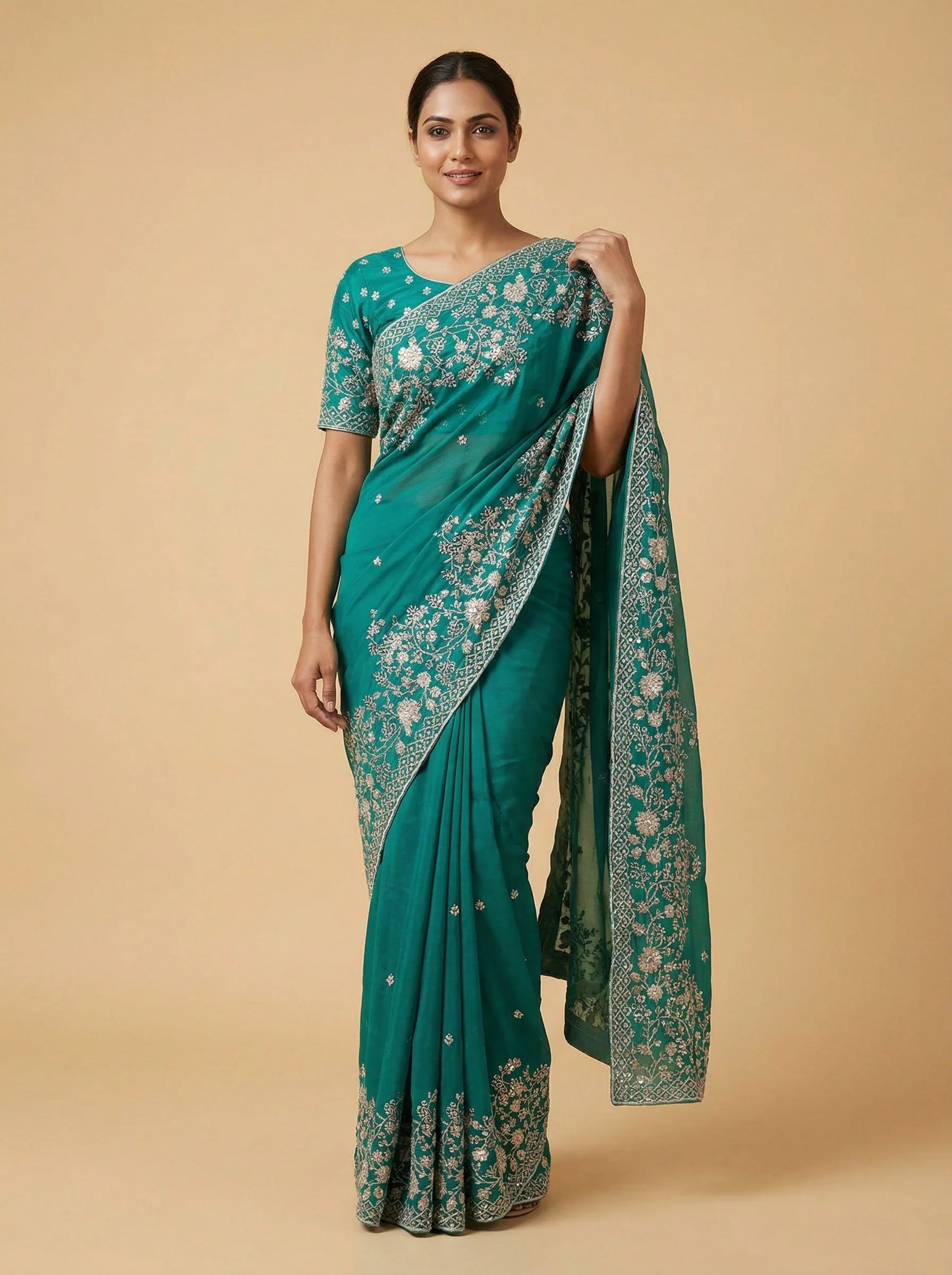 Iridescent Peacock Green Embroidered Saree