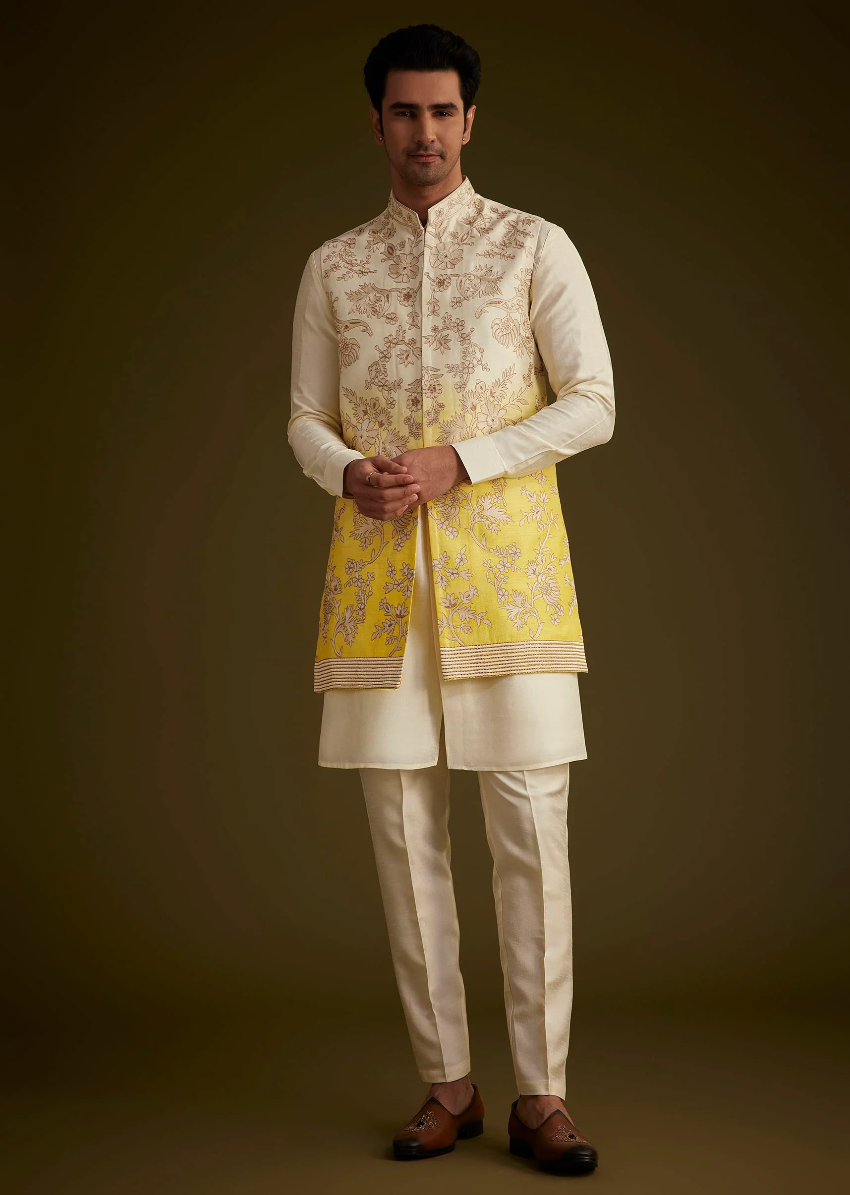 Ivory And Yellow Ombre Silk Jacket Set With Zari Work - Image 4