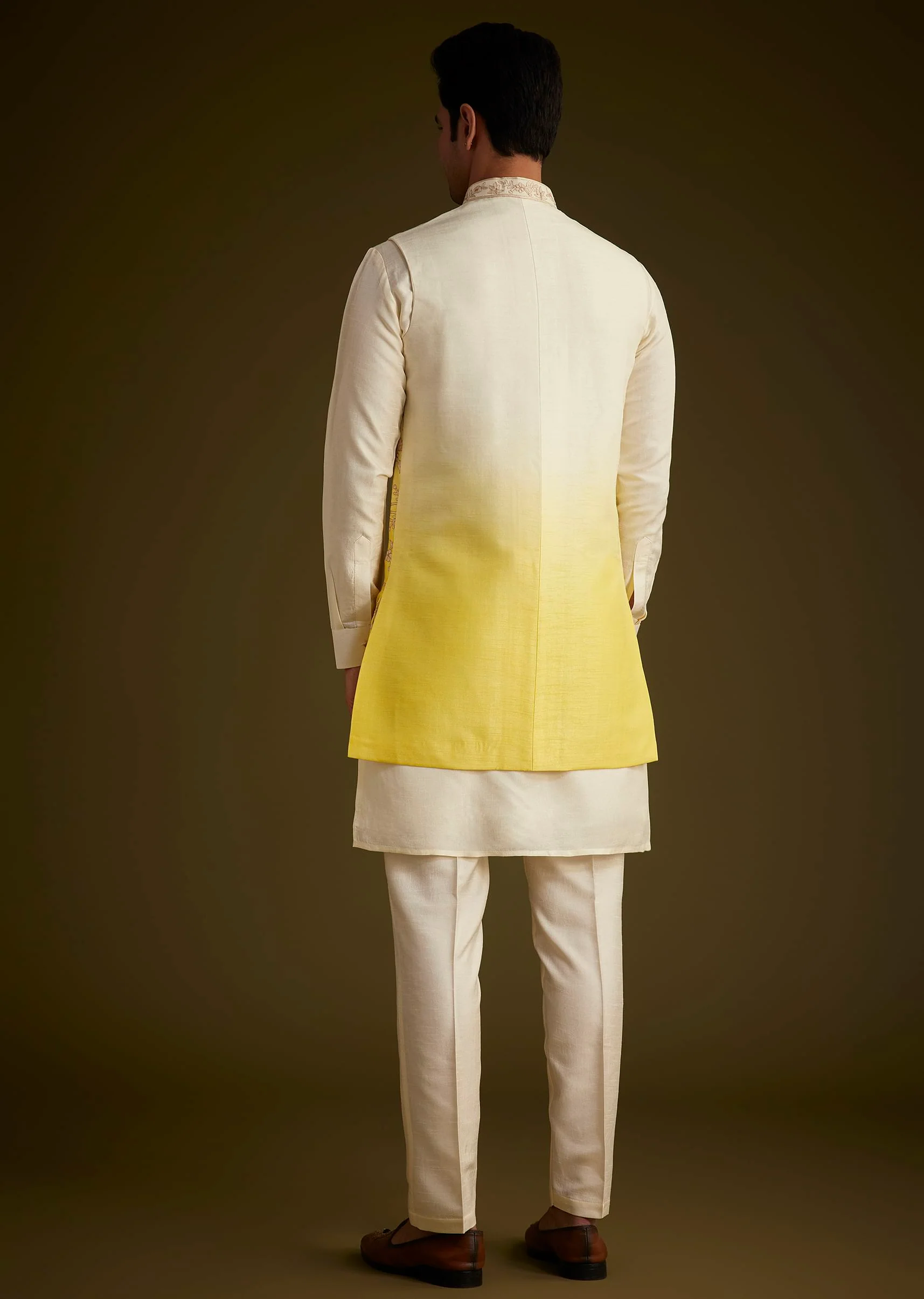 Ivory And Yellow Ombre Silk Jacket Set With Zari Work - Image 5