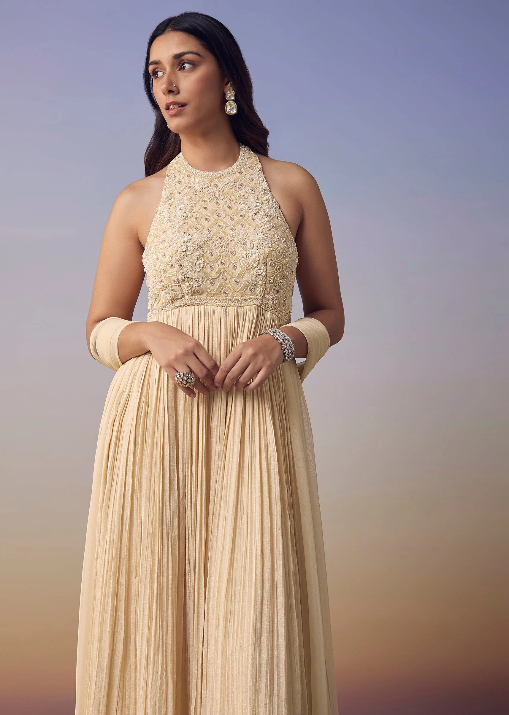 Ivory Backless Anarkali with Dupatta - Image 4