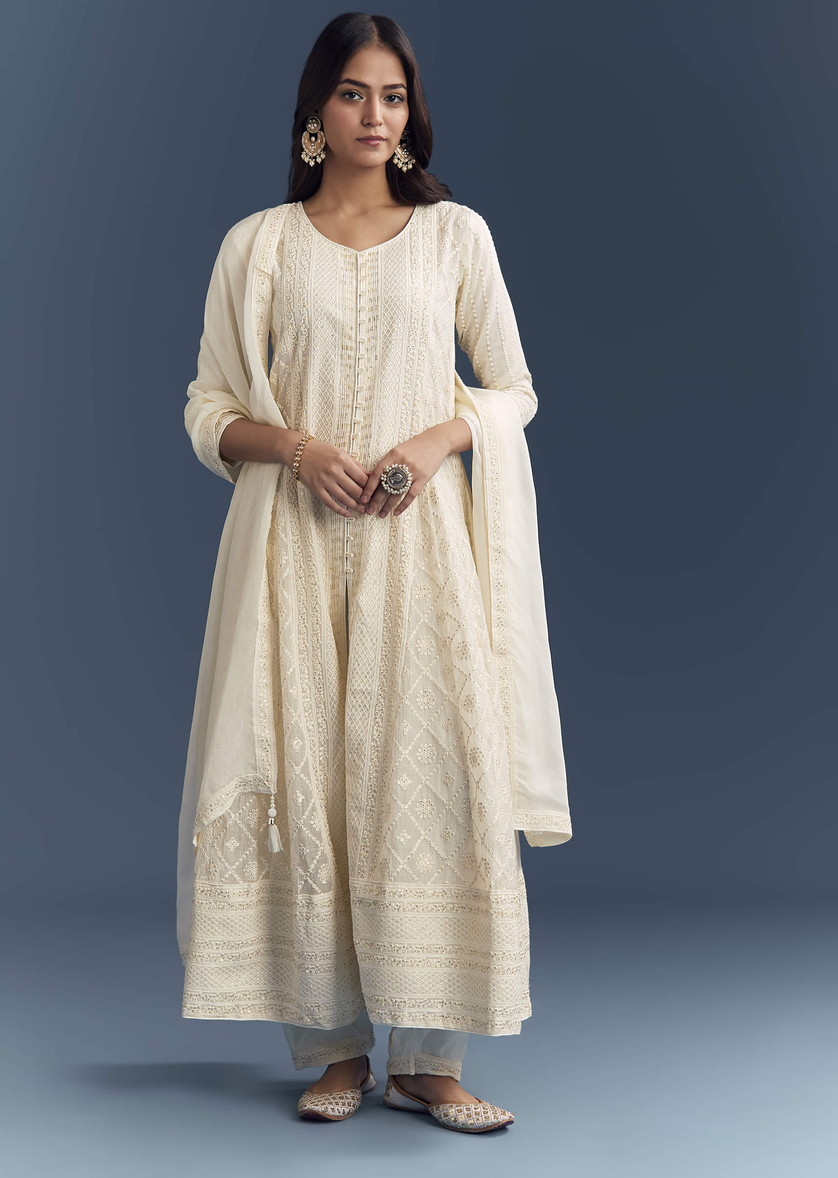 Ivory Chanderi Anarkali Suit With Thread And Sequins Embroidery