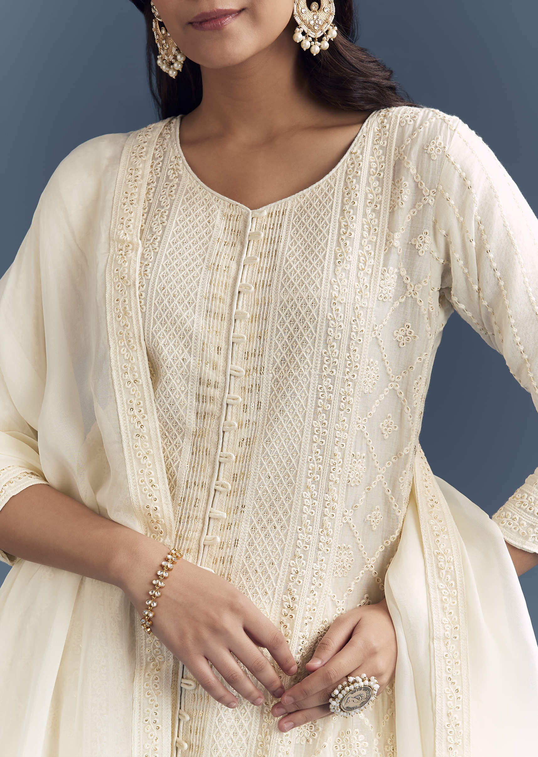 Ivory Chanderi Anarkali Suit With Thread And Sequins Embroidery - Image 2