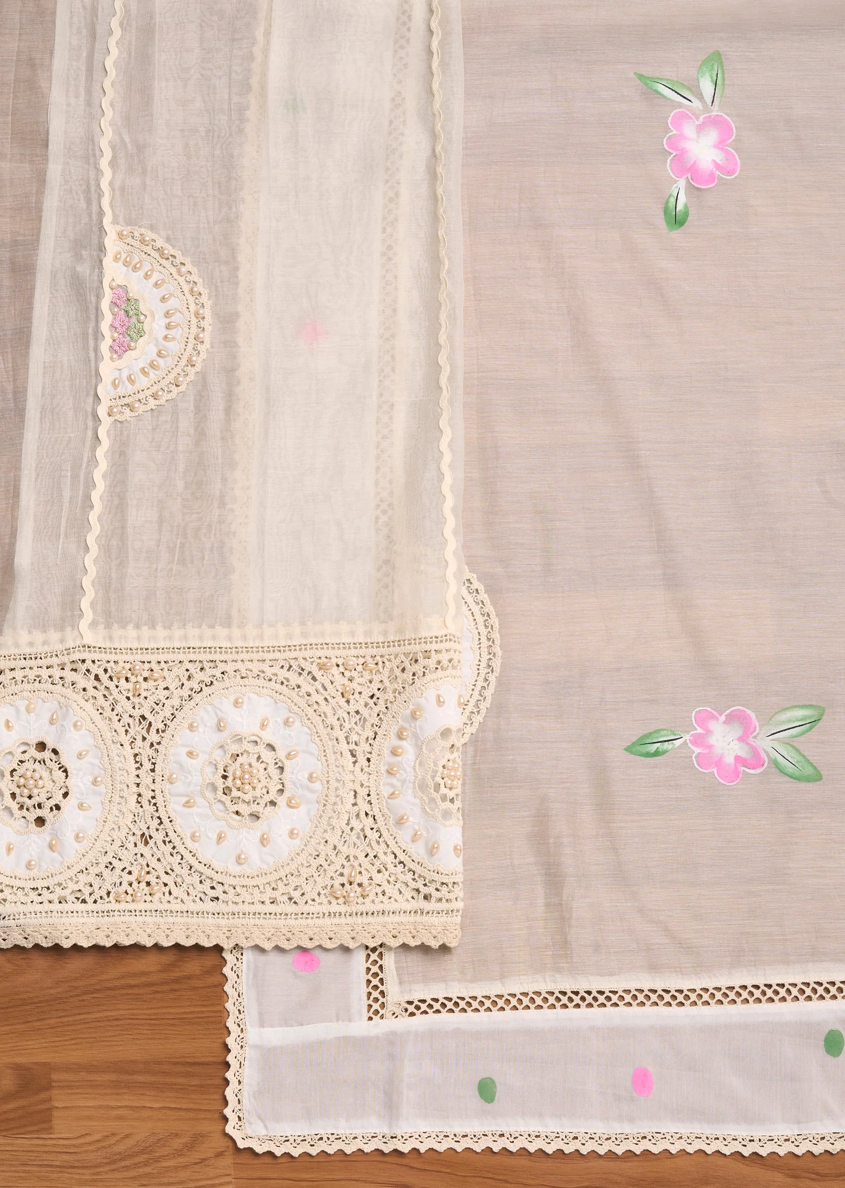 Ivory Chanderi Embroidered Unstitched Suit Set - Image 3