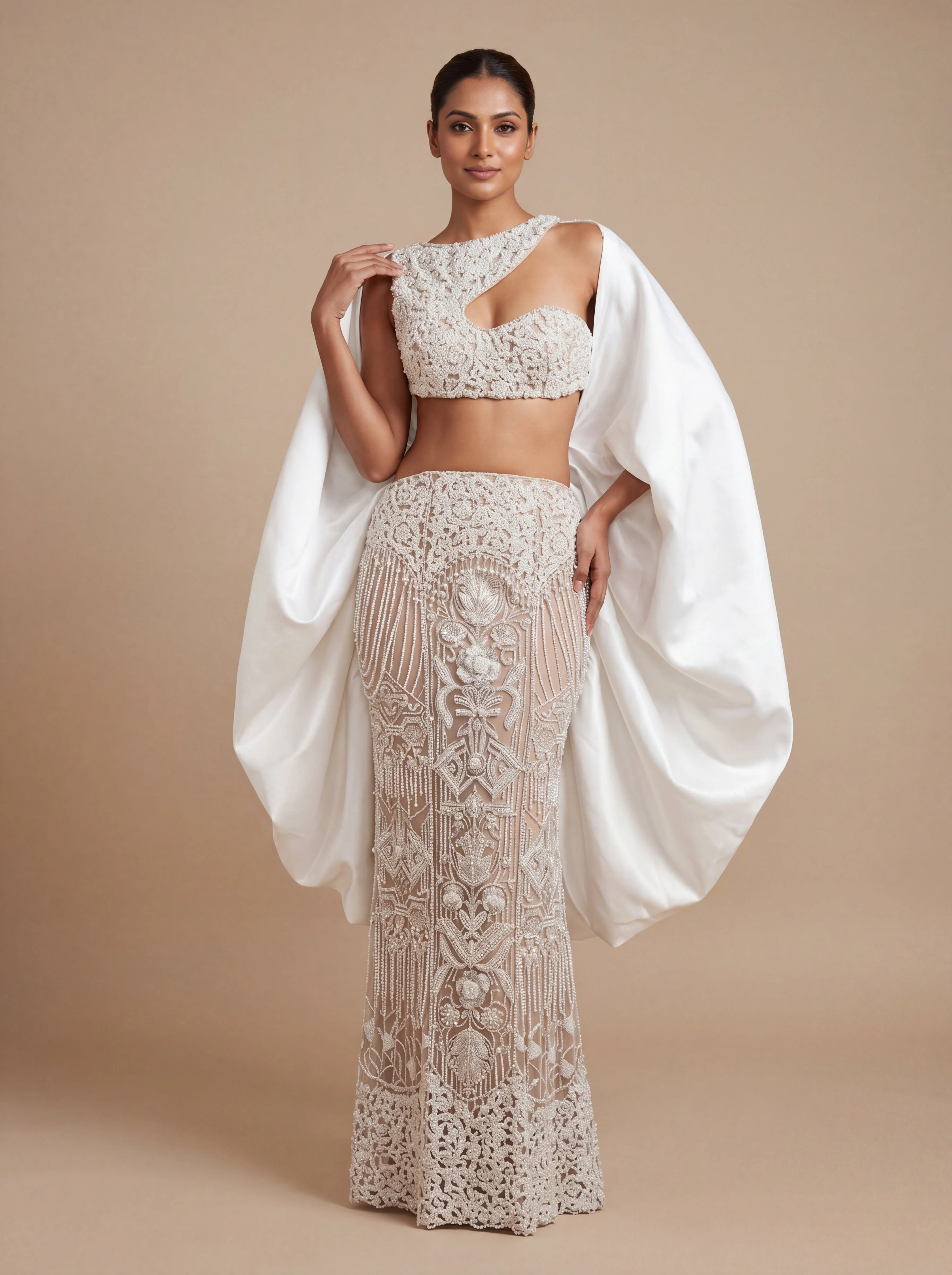Ivory Contemporary Bridal Lehenga With Puff Sleeves  Column Skirt