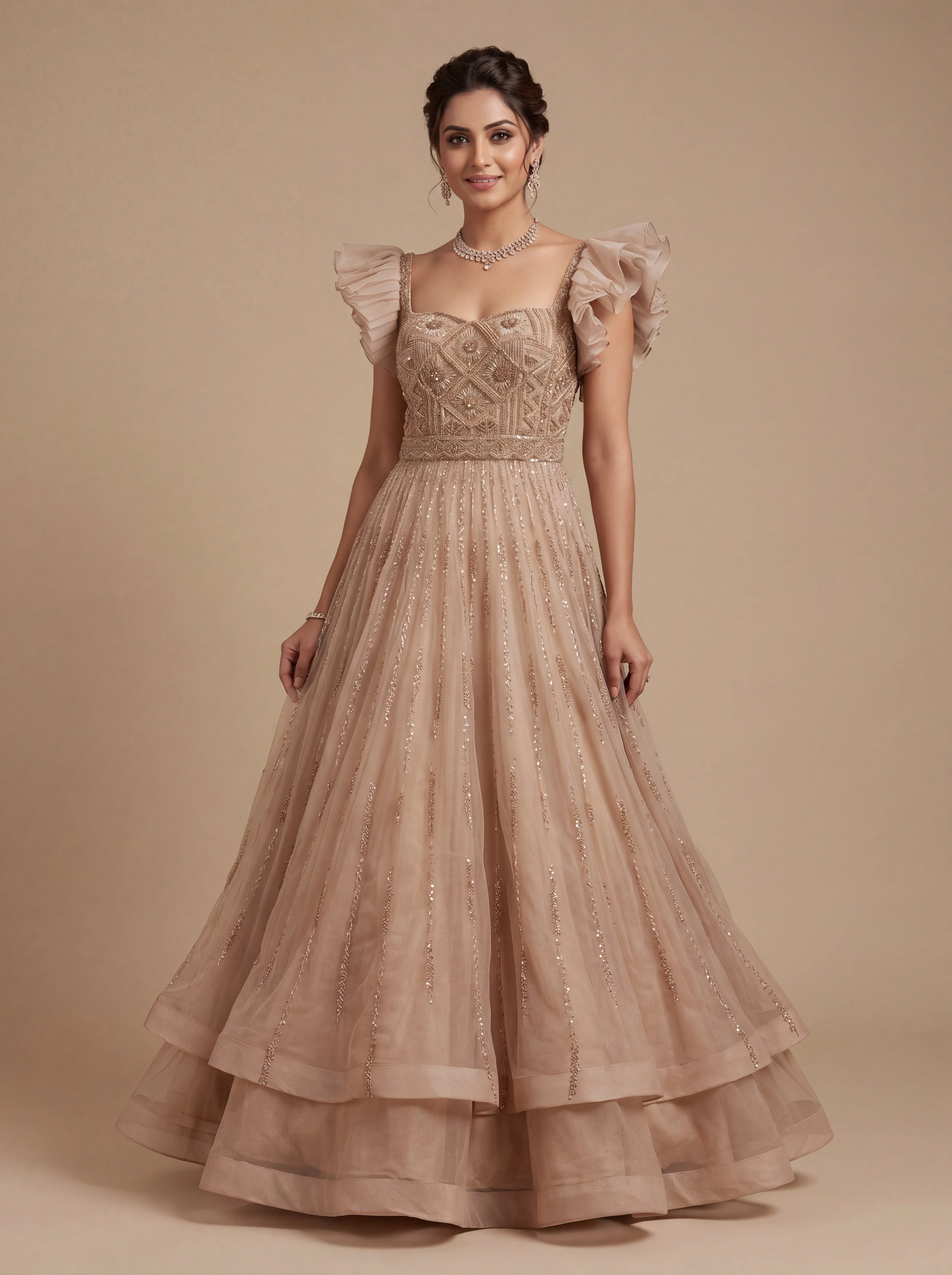 Ivory Contemporary Lehenga Gown With Layered Volume