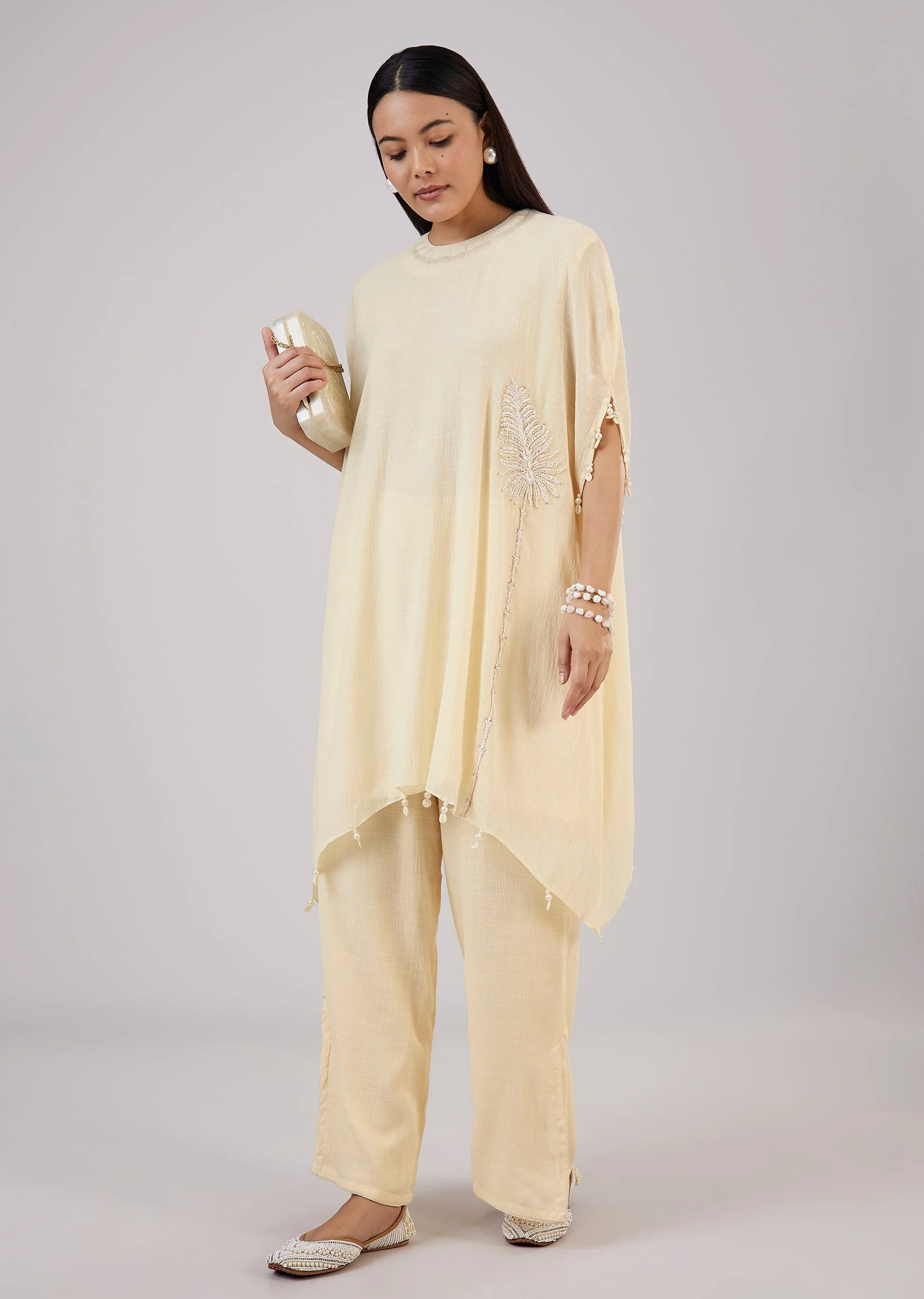 Ivory Cotton Indo Western Coord Set With Resham Work - Image 3