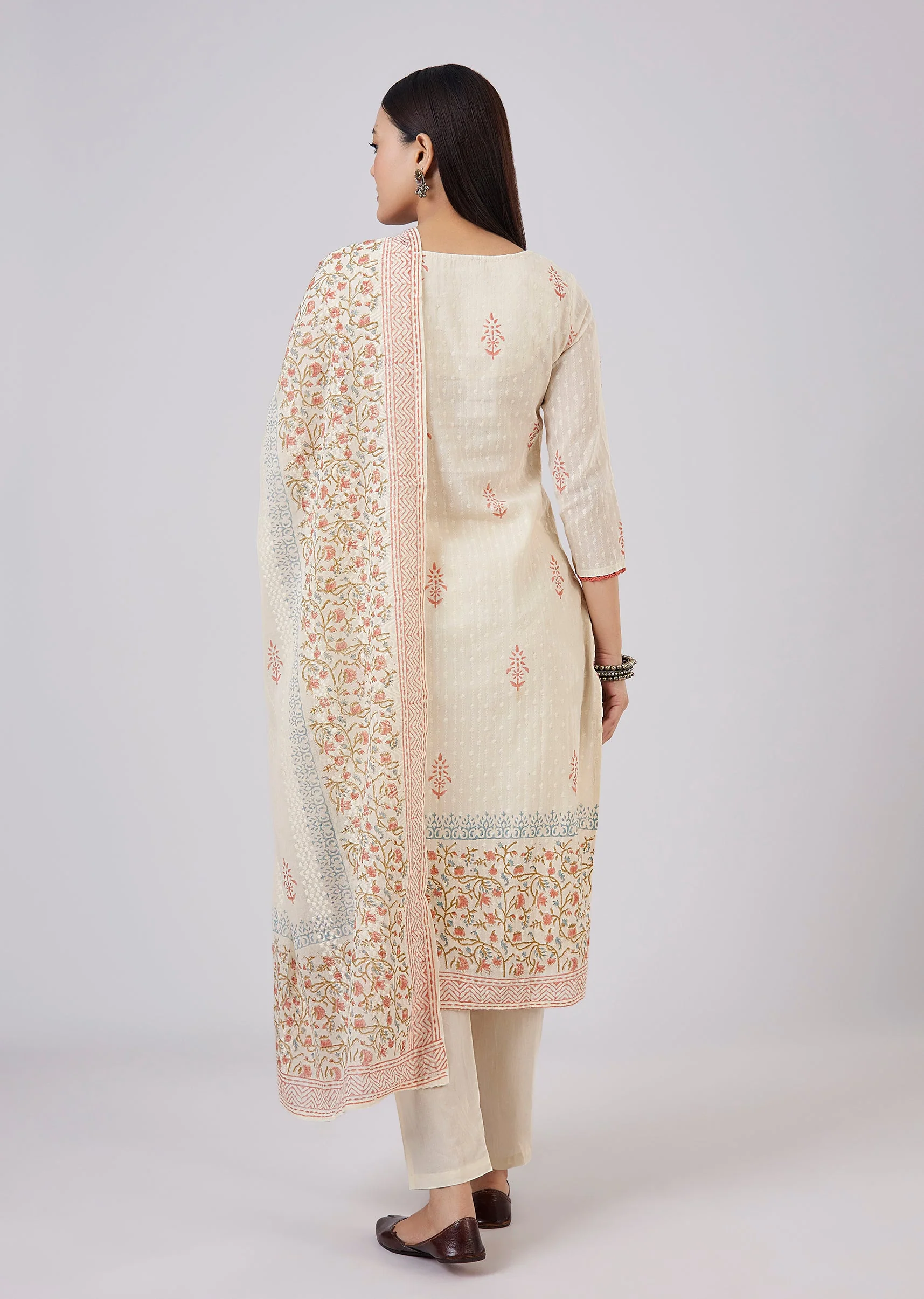 Ivory Cotton Kurta Set With Hand Block Print - Image 5