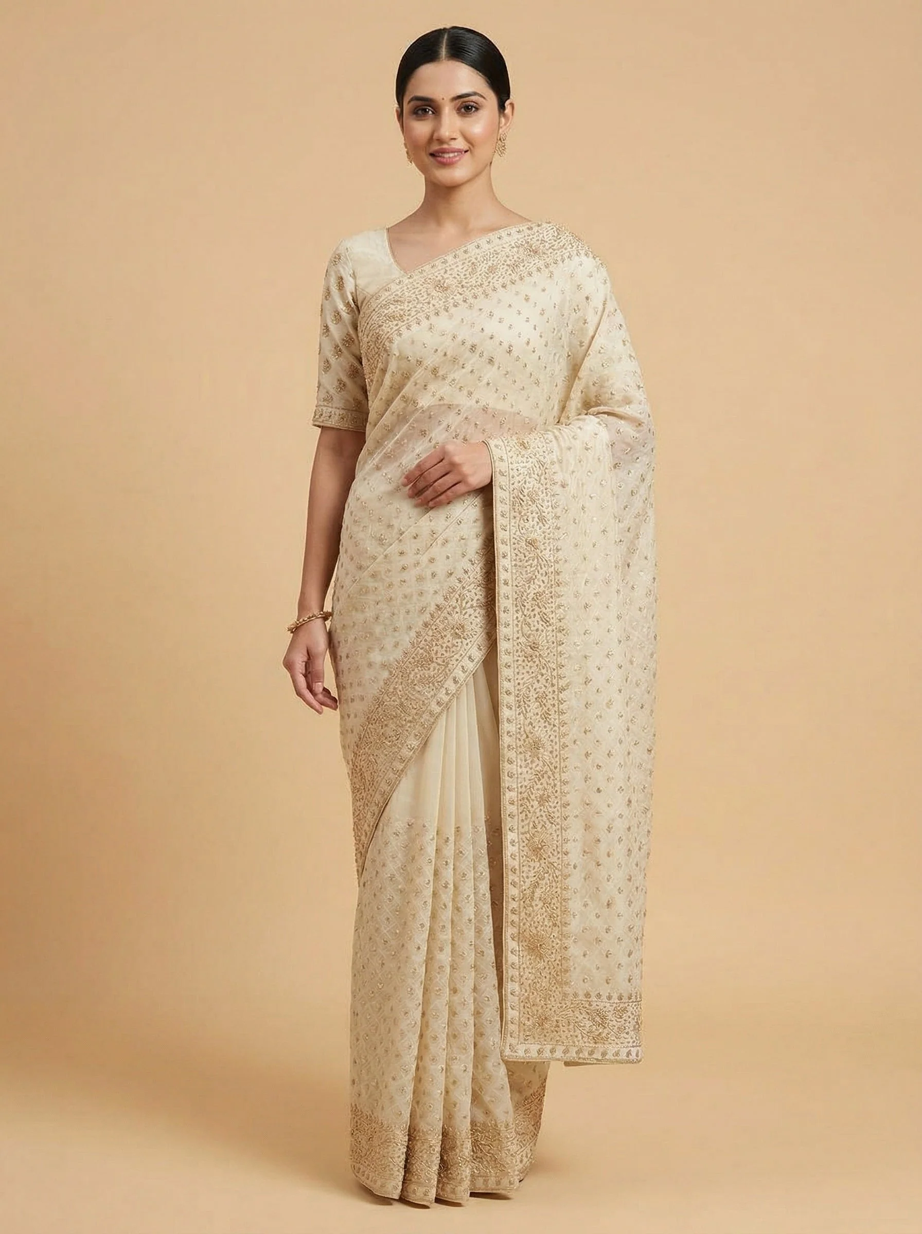 Ivory Cream Embroidered Saree