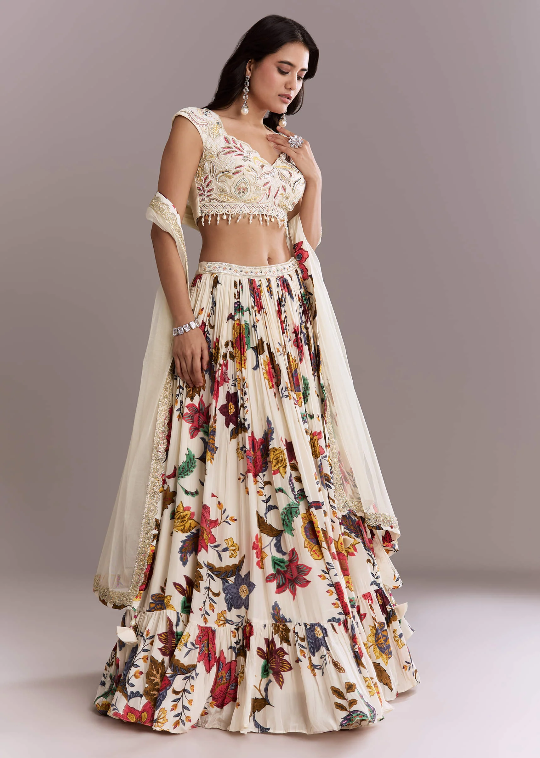 Ivory Crepe Floral Bridesmaid Lehenga With Heavy Hand Embroidery - Image 4