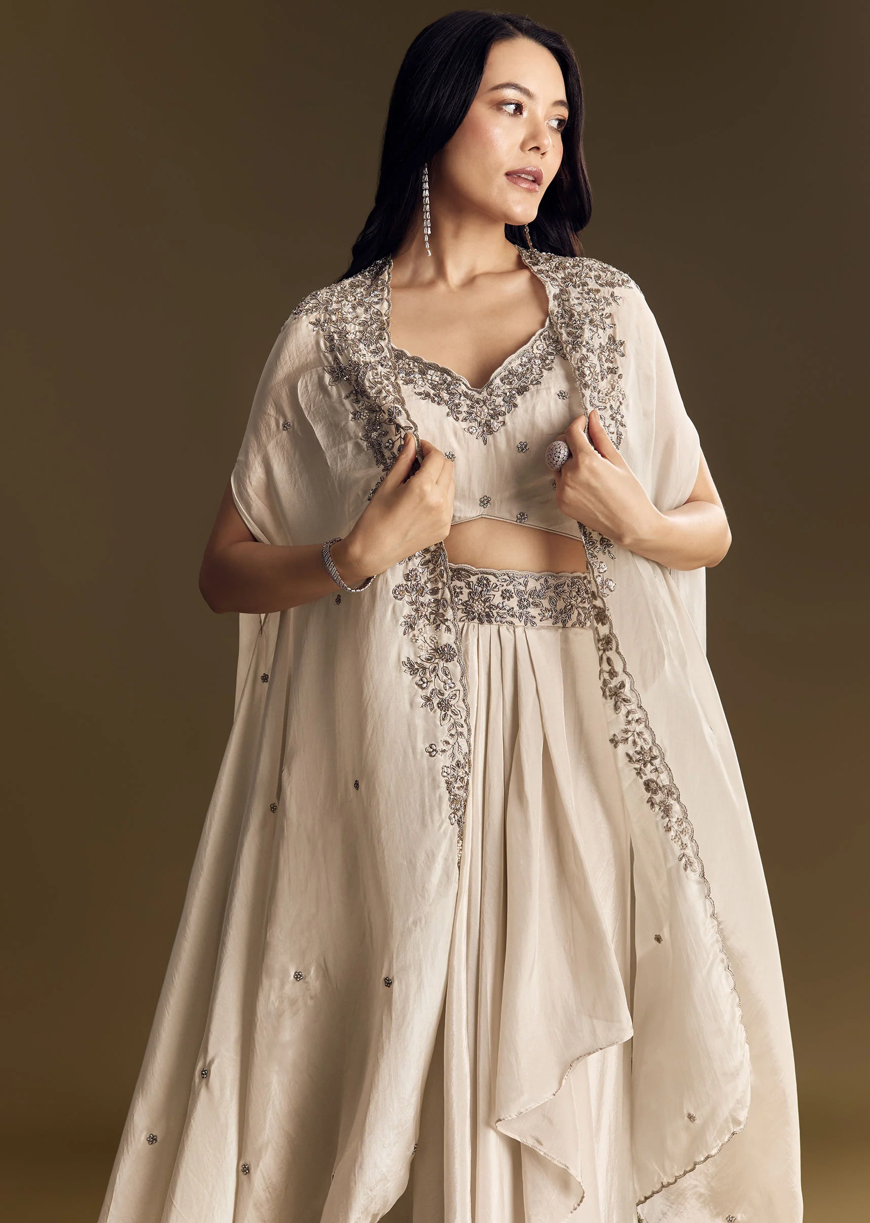 Ivory Crop Top Skirt Set With Cape And Silver Zardozi Work - Image 3