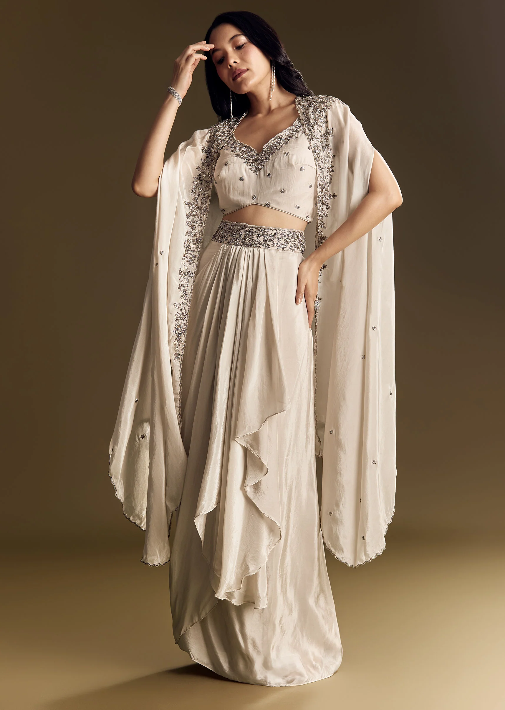 Ivory Crop Top Skirt Set With Cape And Silver Zardozi Work - Image 4