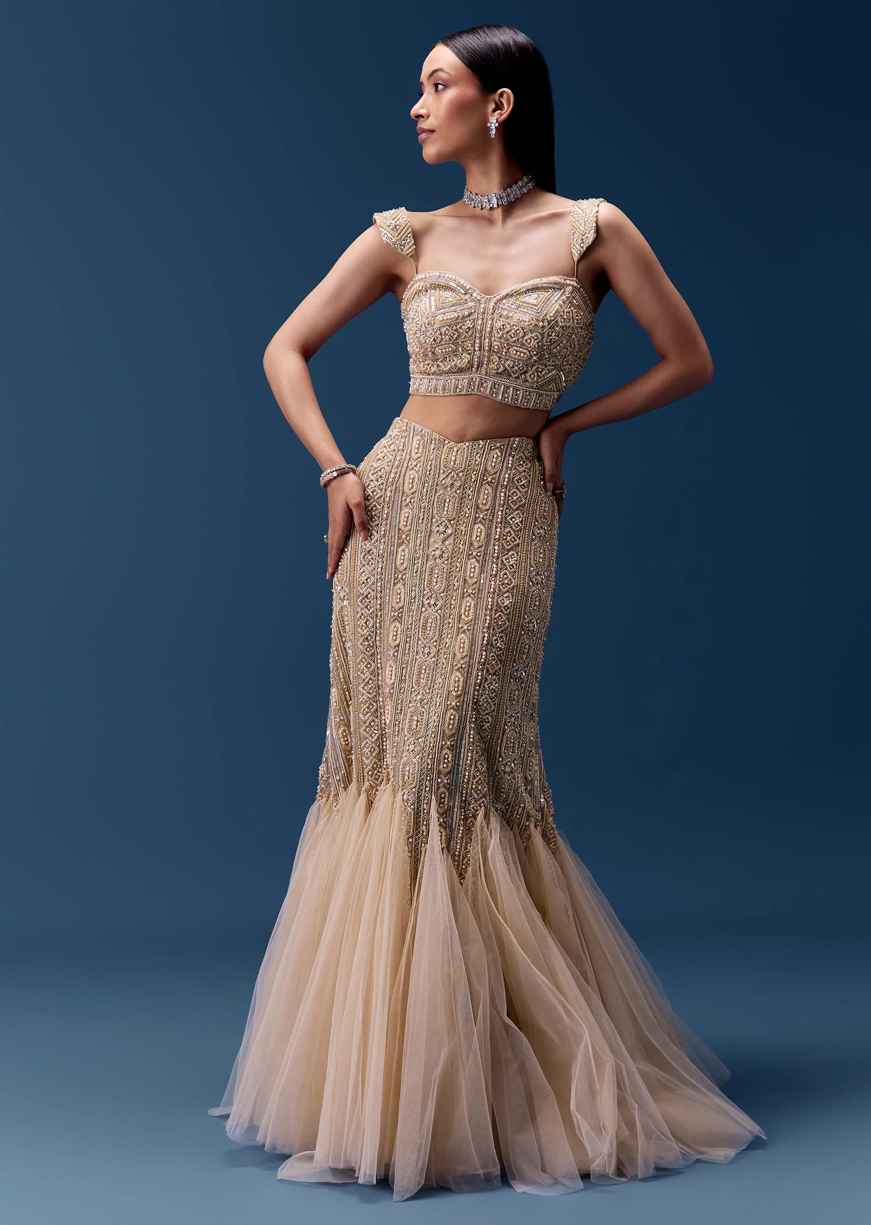 Ivory Cutdana Embellished Fishcut Lehenga Set - Image 4