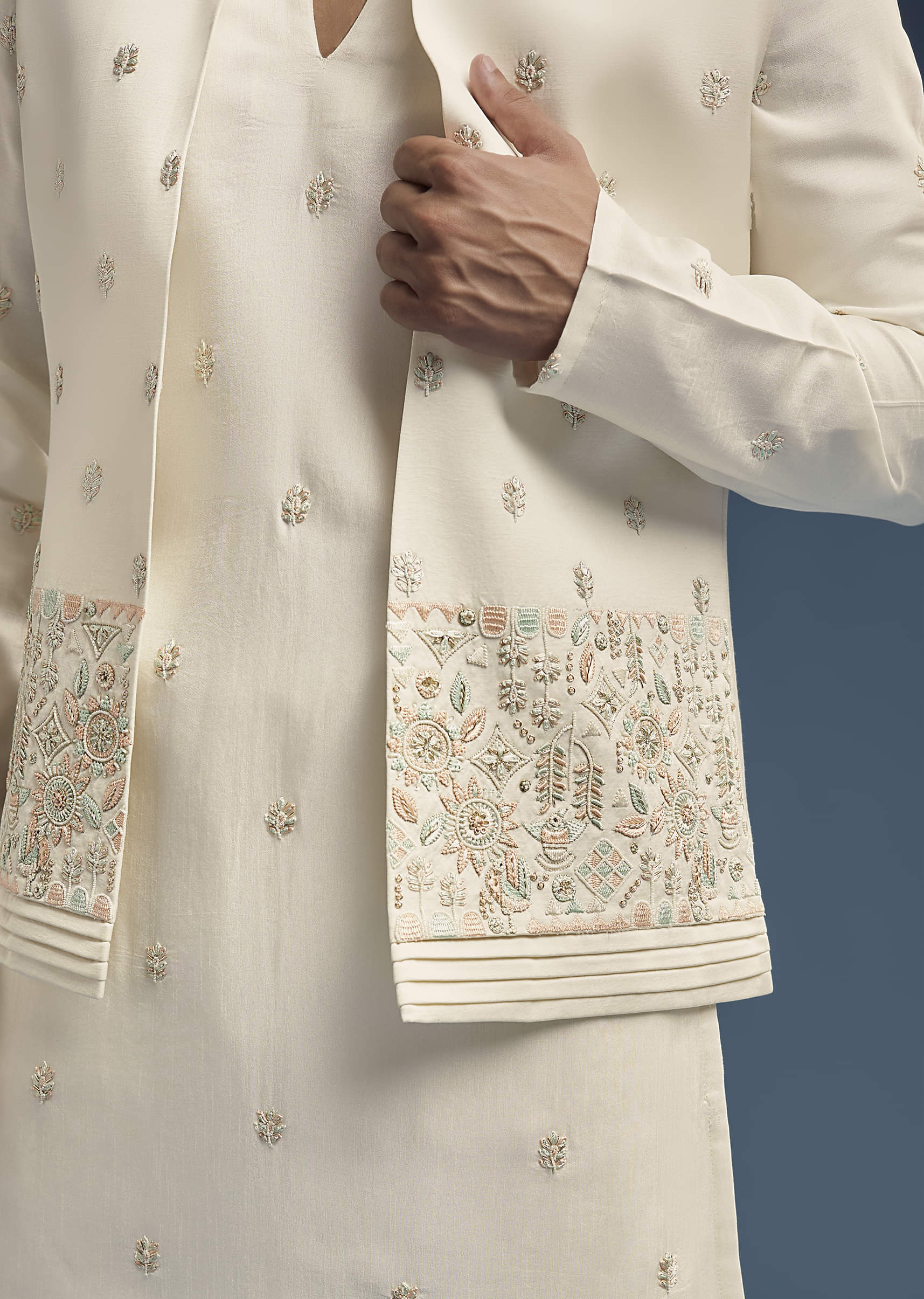 Ivory Dola Silk Kurta Jacket Set For Men With Zardosi Embroidery - Image 2