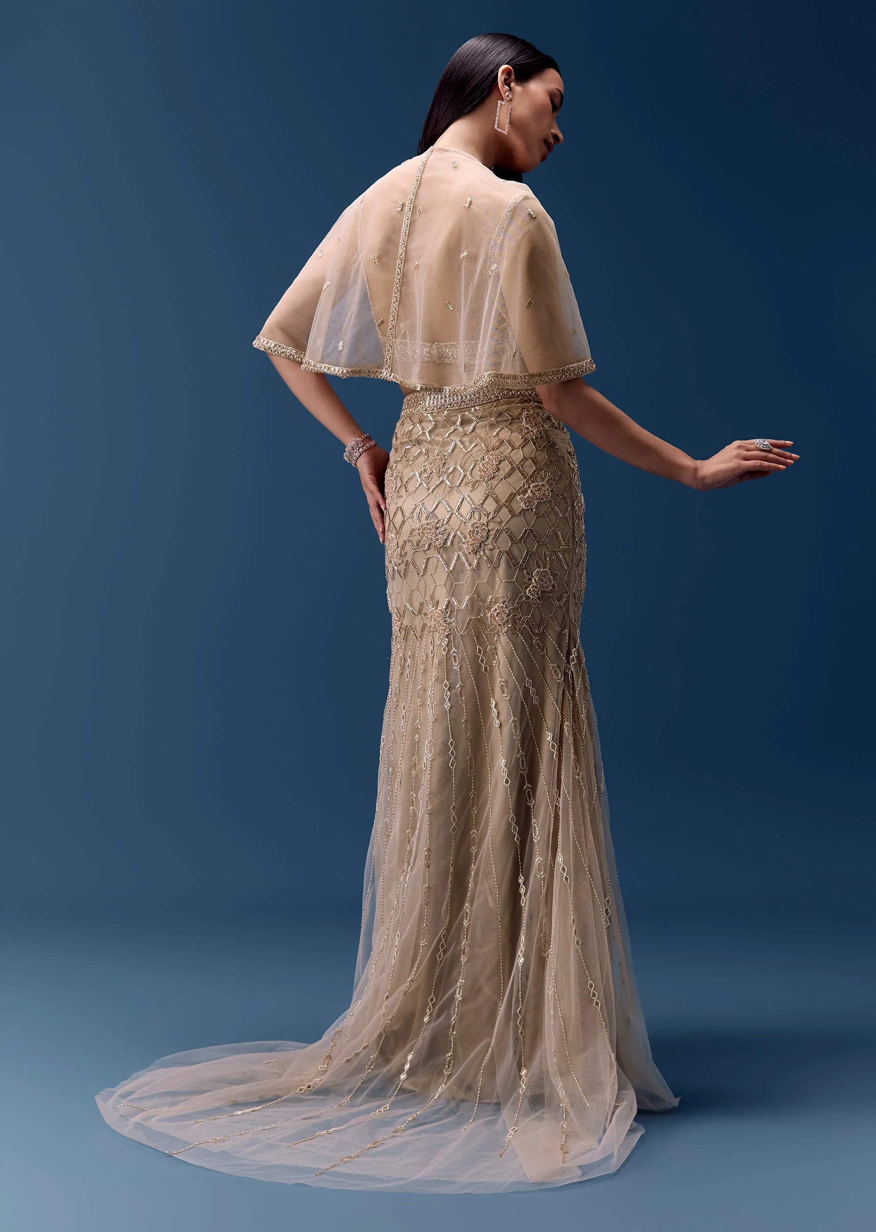 Ivory Embellished Fishcut Lehenga Set with Cape - Image 2