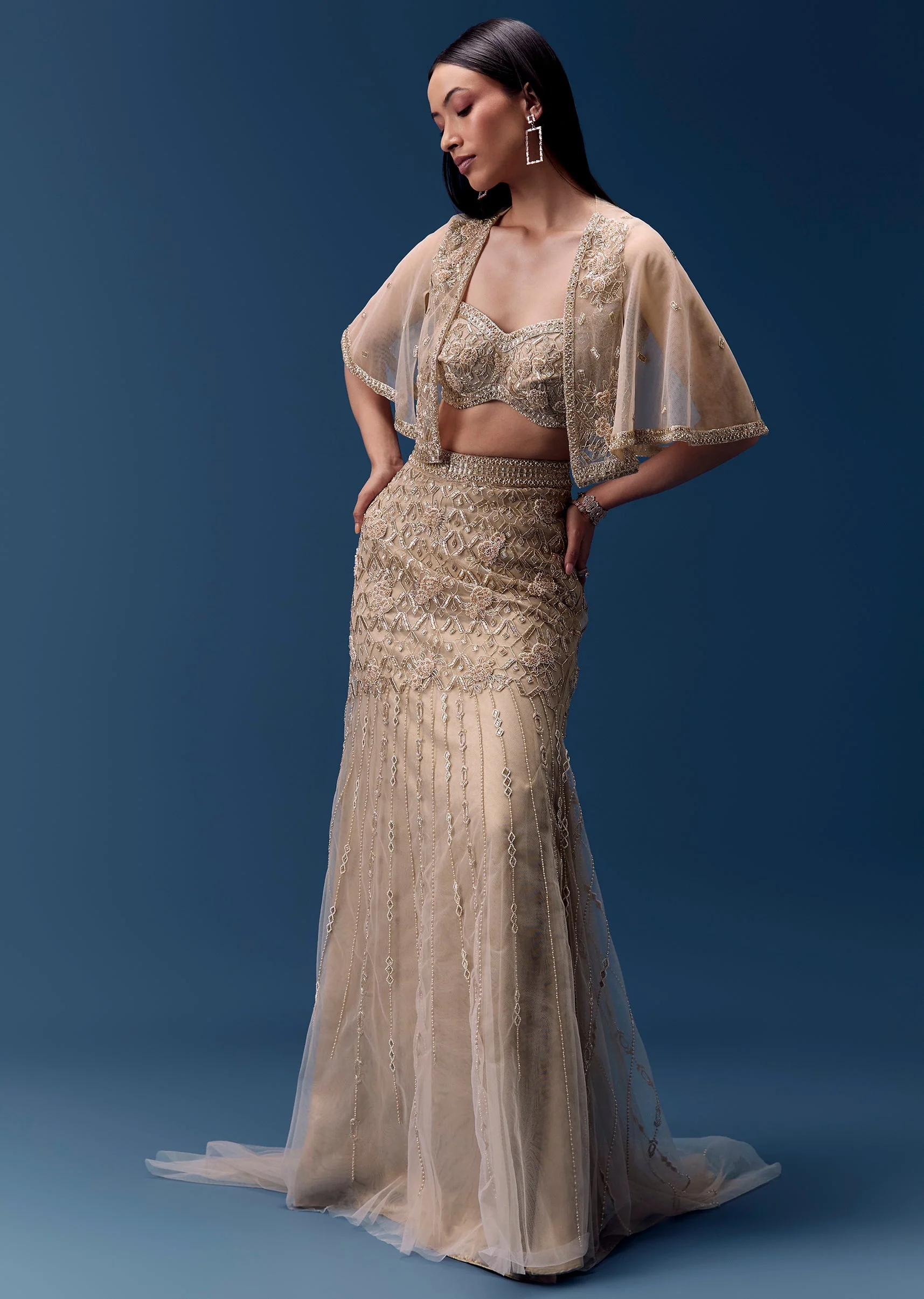Ivory Embellished Fishcut Lehenga Set with Cape - Image 4